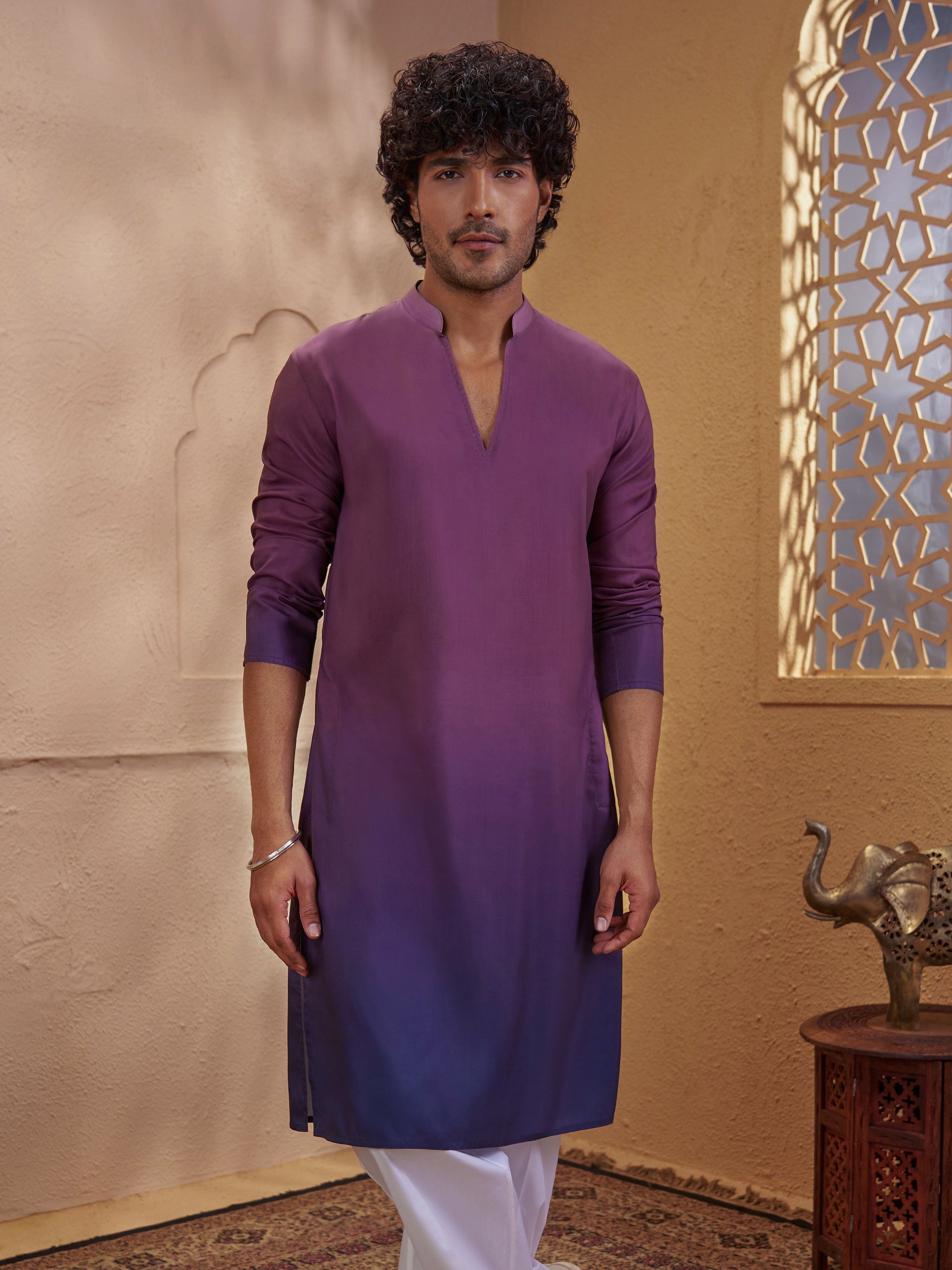 Men's Purple Woven Fabric Ombre Thigh Length Kurta