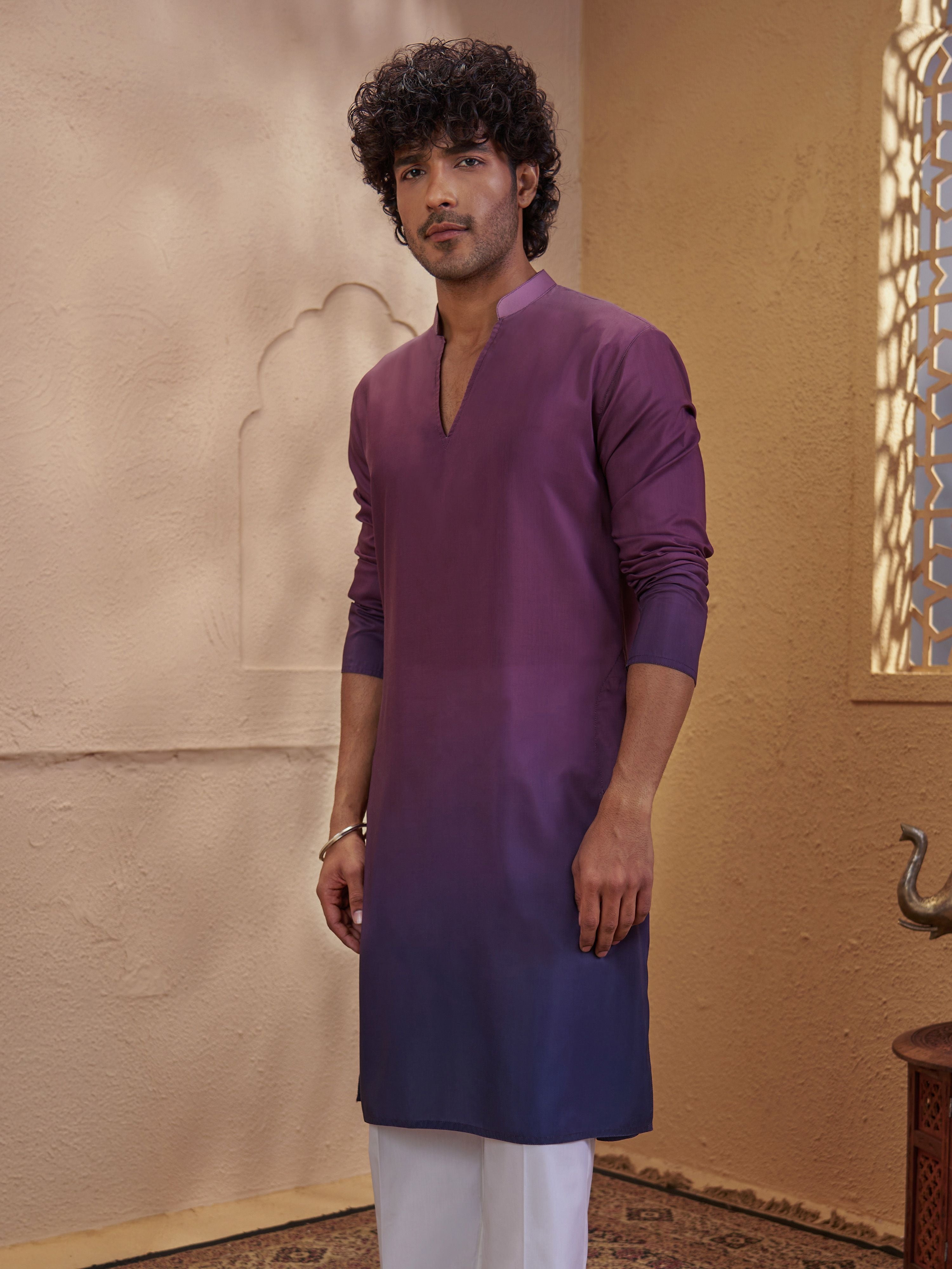 Men's Purple Woven Fabric Ombre Thigh Length Kurta