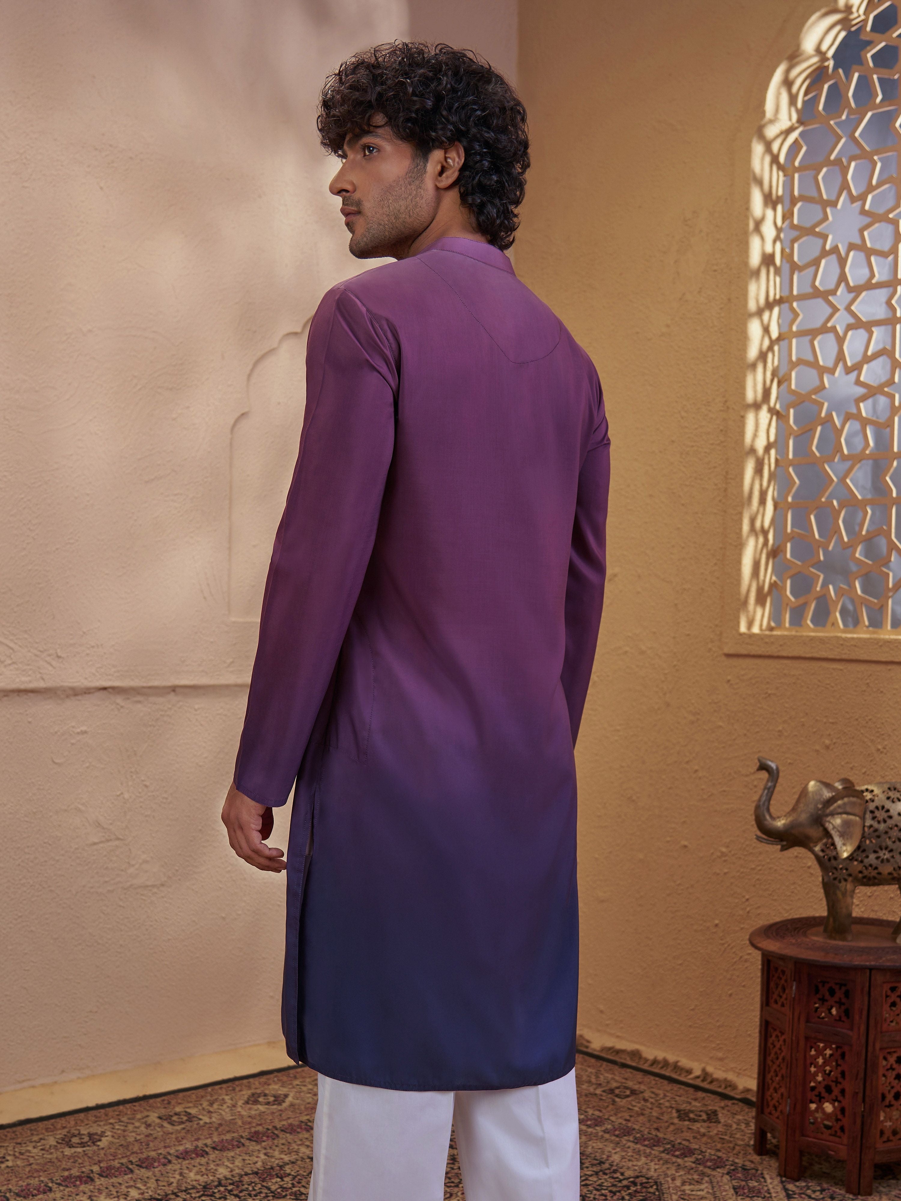 Men's Purple Woven Fabric Ombre Thigh Length Kurta