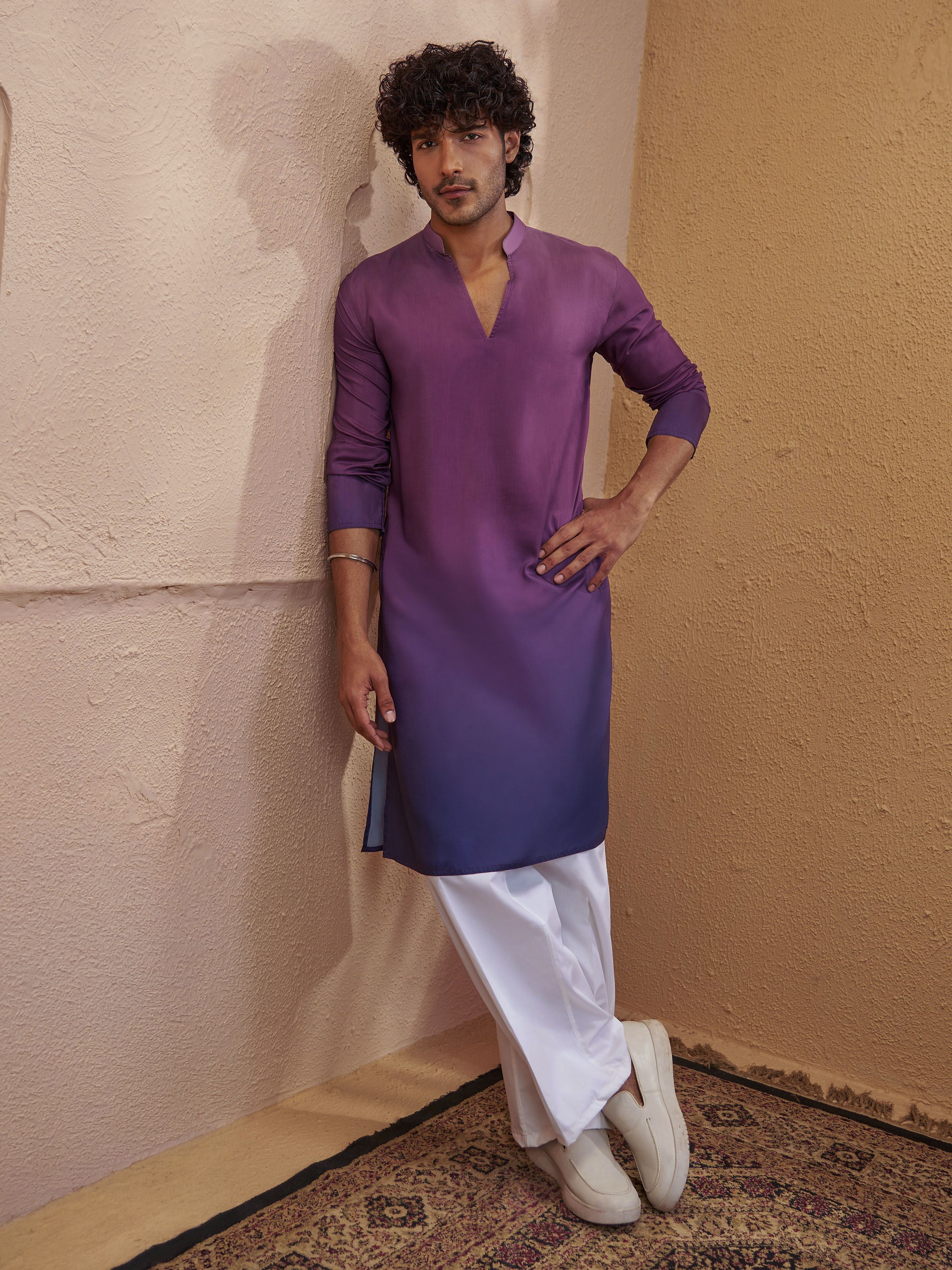 Men Purple Cotton Ombre Kurta Pant Set | Wide Leg Pants