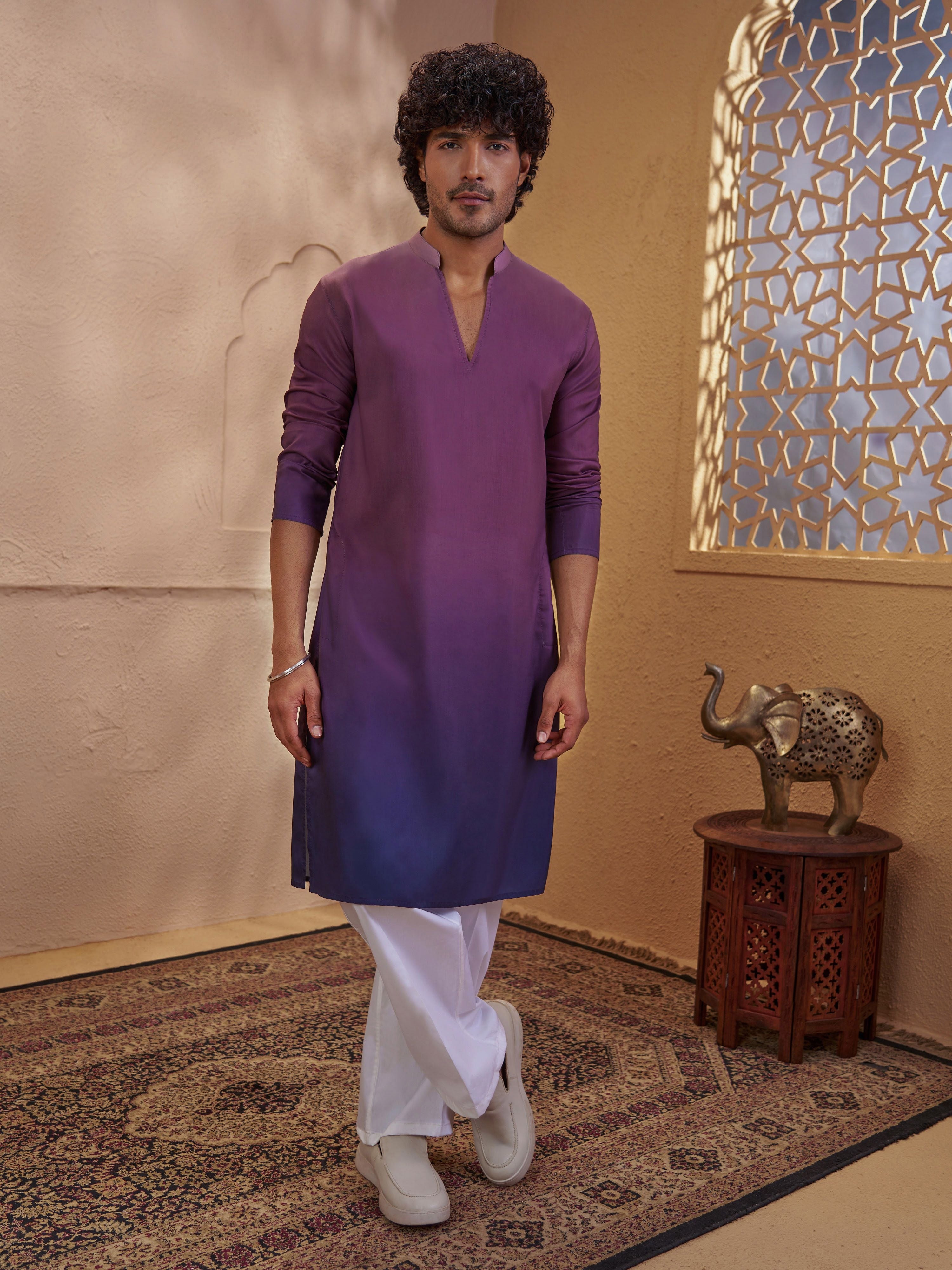 Men's Purple Cotton Ombre Thigh Length Kurta With Wide Leg Pant