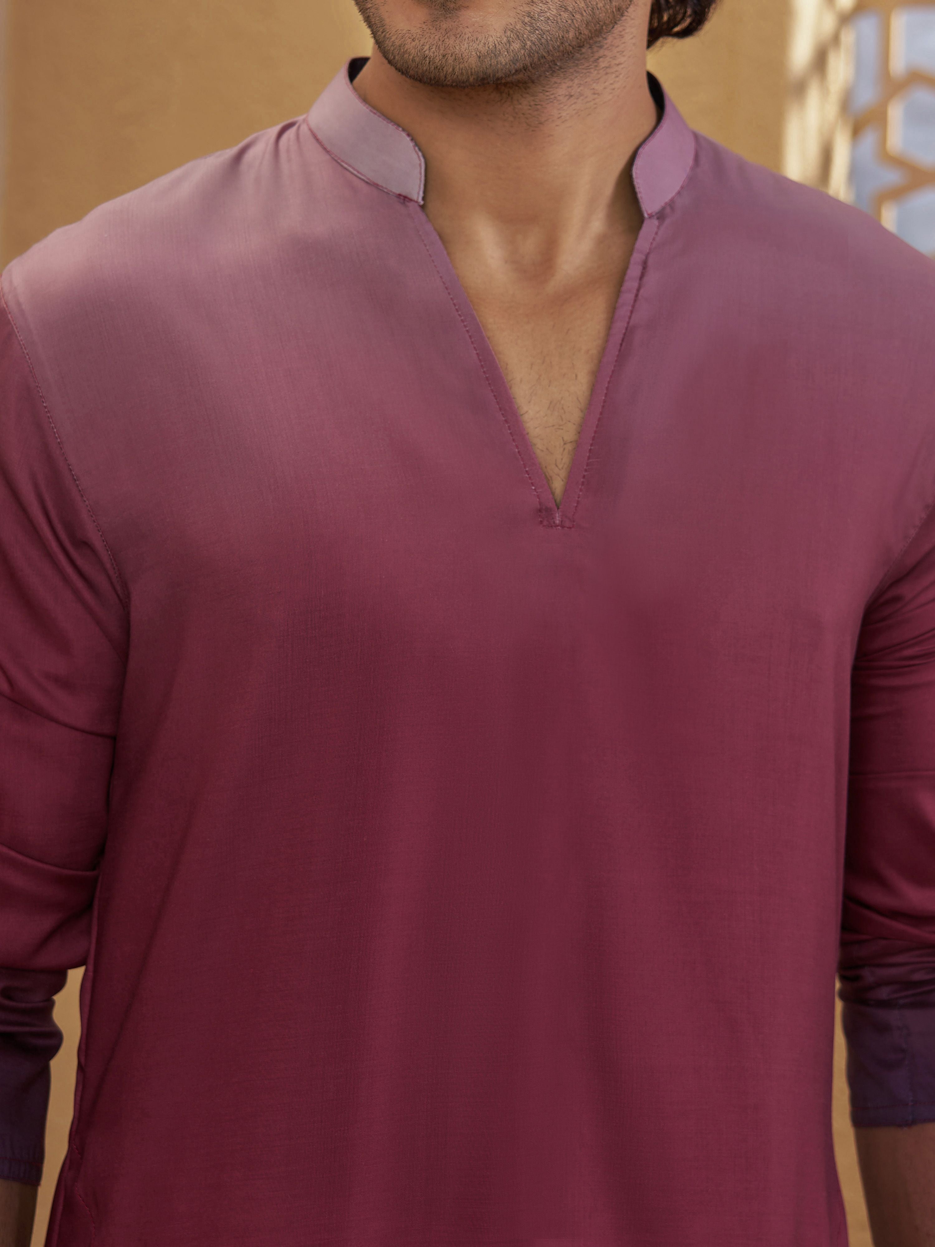 Men's Rust Woven Fabric Ombre Thigh Length Kurta