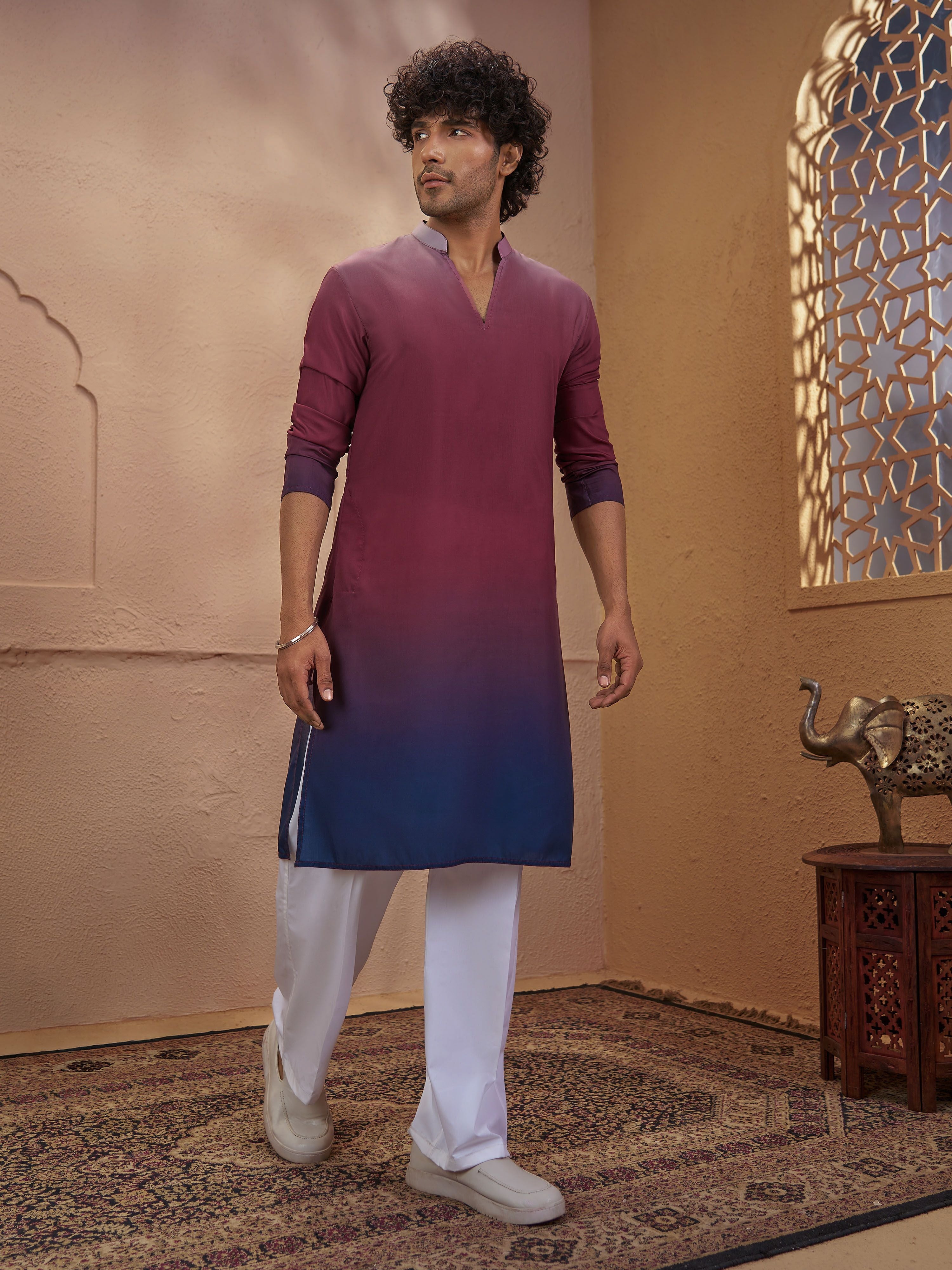 Men Rust Ombre Cotton Kurta Pant Set with Wide Leg Pant