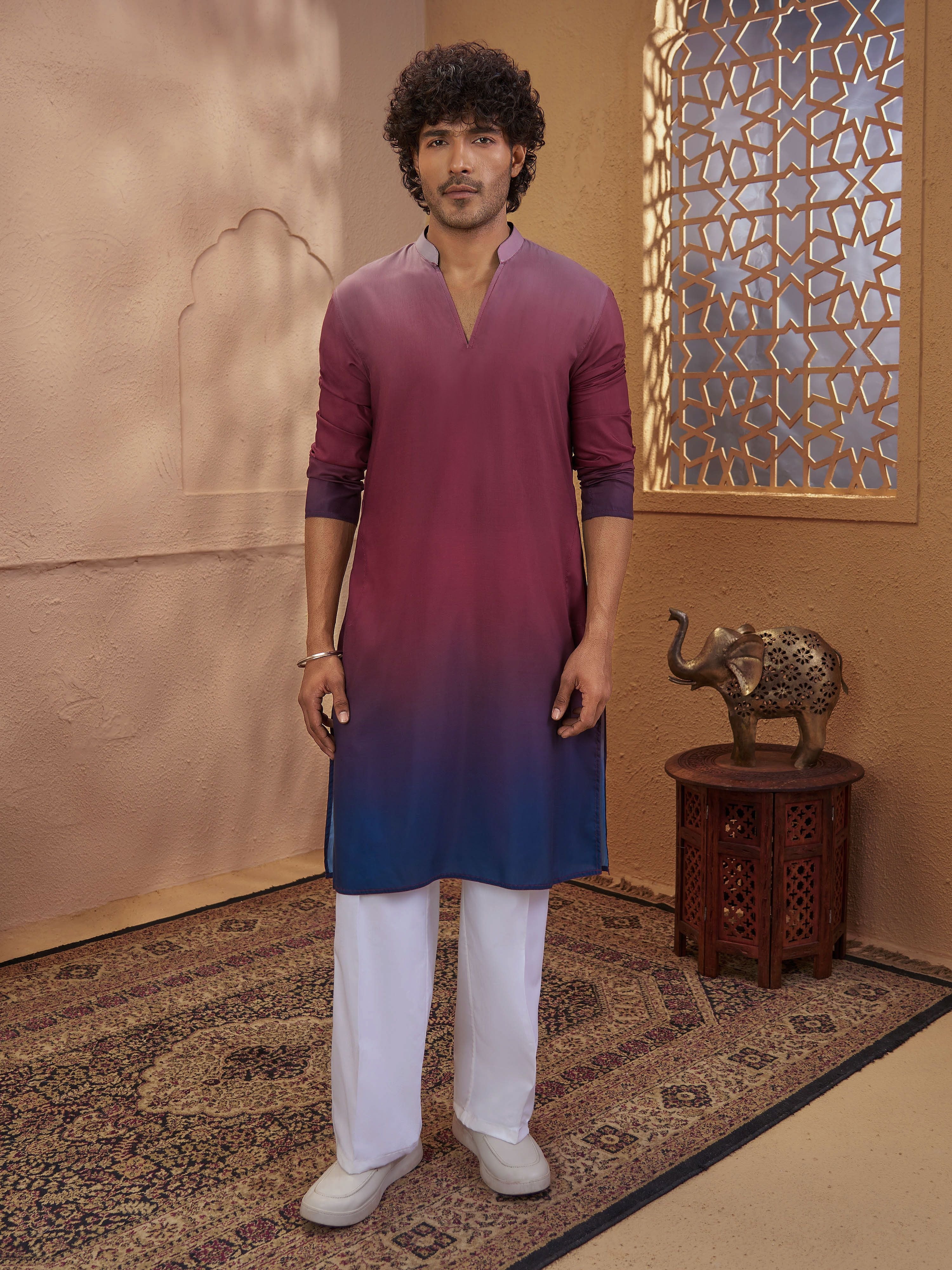 Men's Rust Cotton Ombre Thigh Length Kurta With Wide Leg Pant