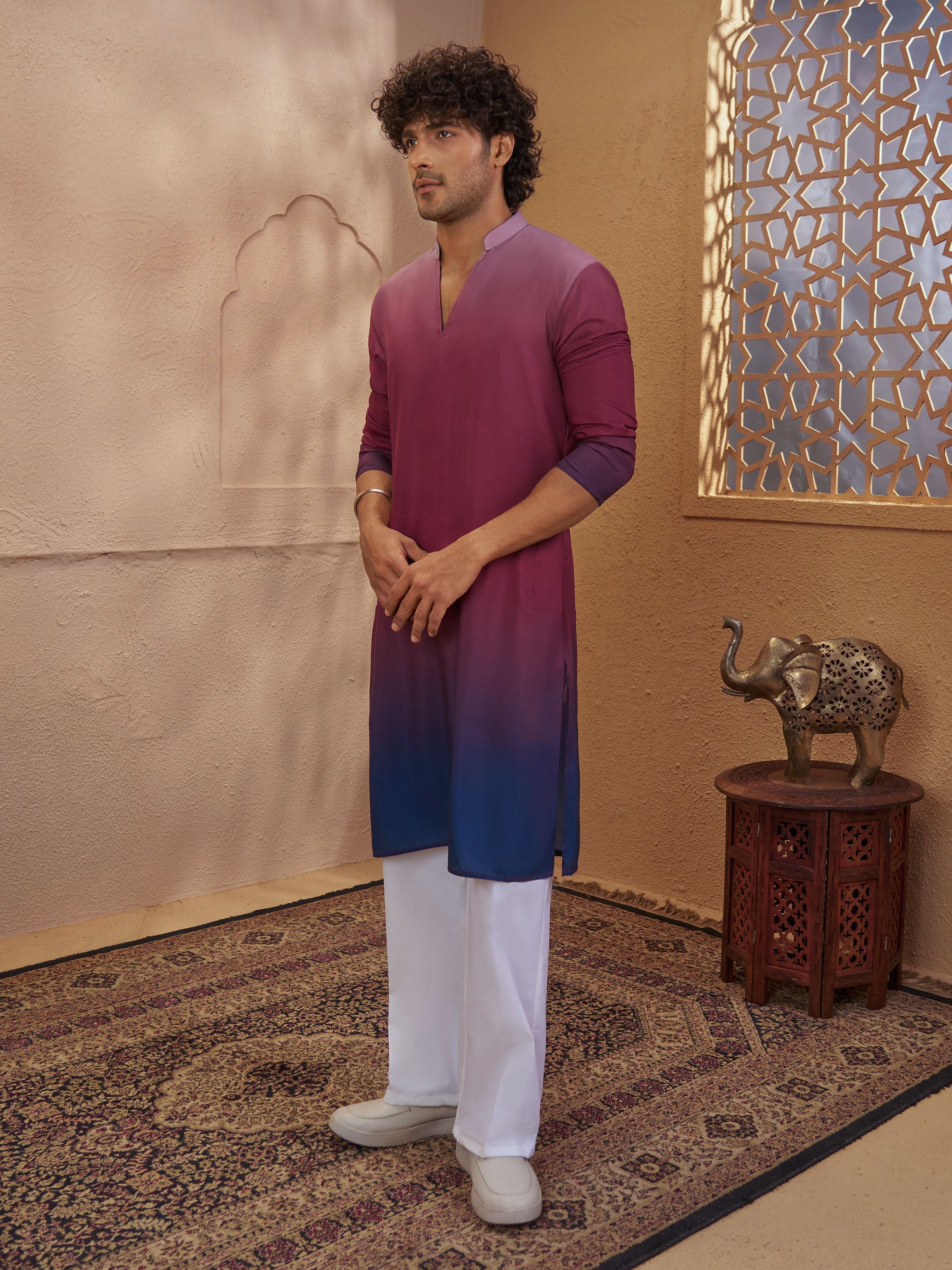 Men's Rust Cotton Ombre Thigh Length Kurta With Wide Leg Pant
