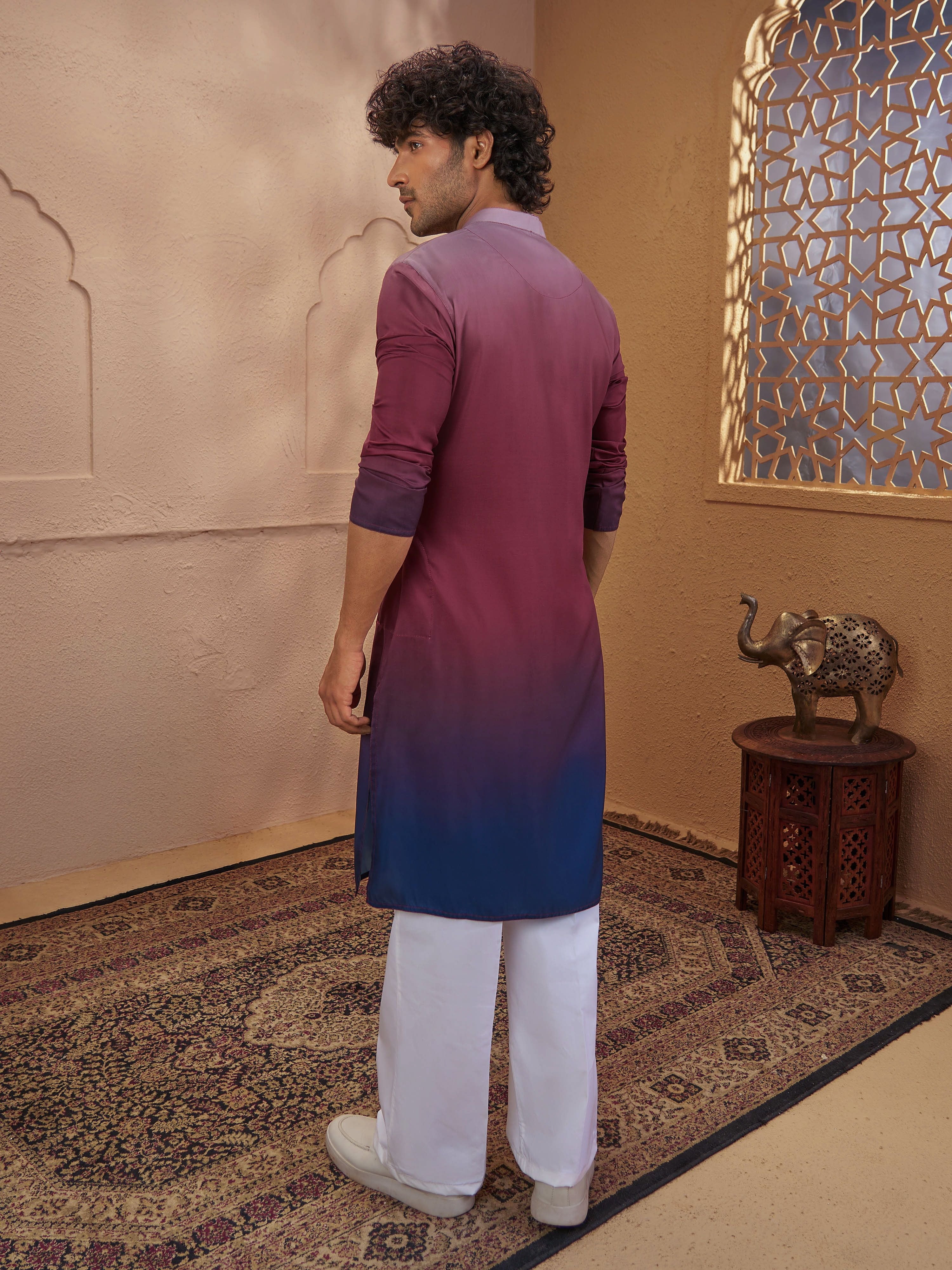 Men's Rust Cotton Ombre Thigh Length Kurta With Wide Leg Pant