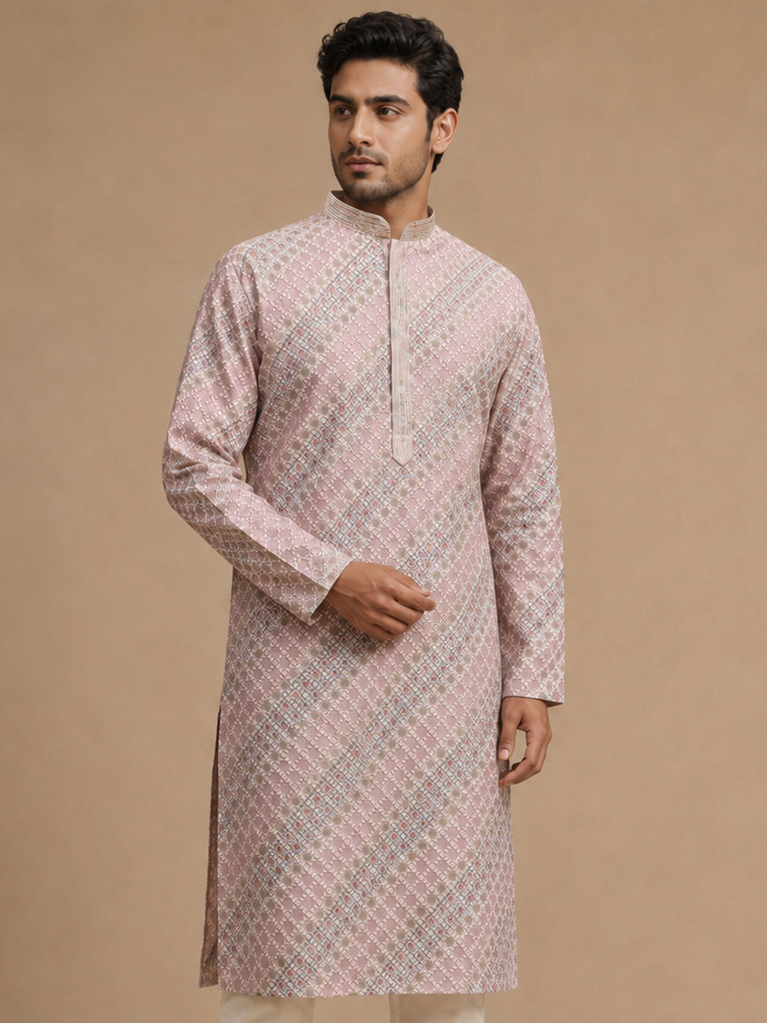 Men Pink Silk Blend Sequined Embroidered Kurta