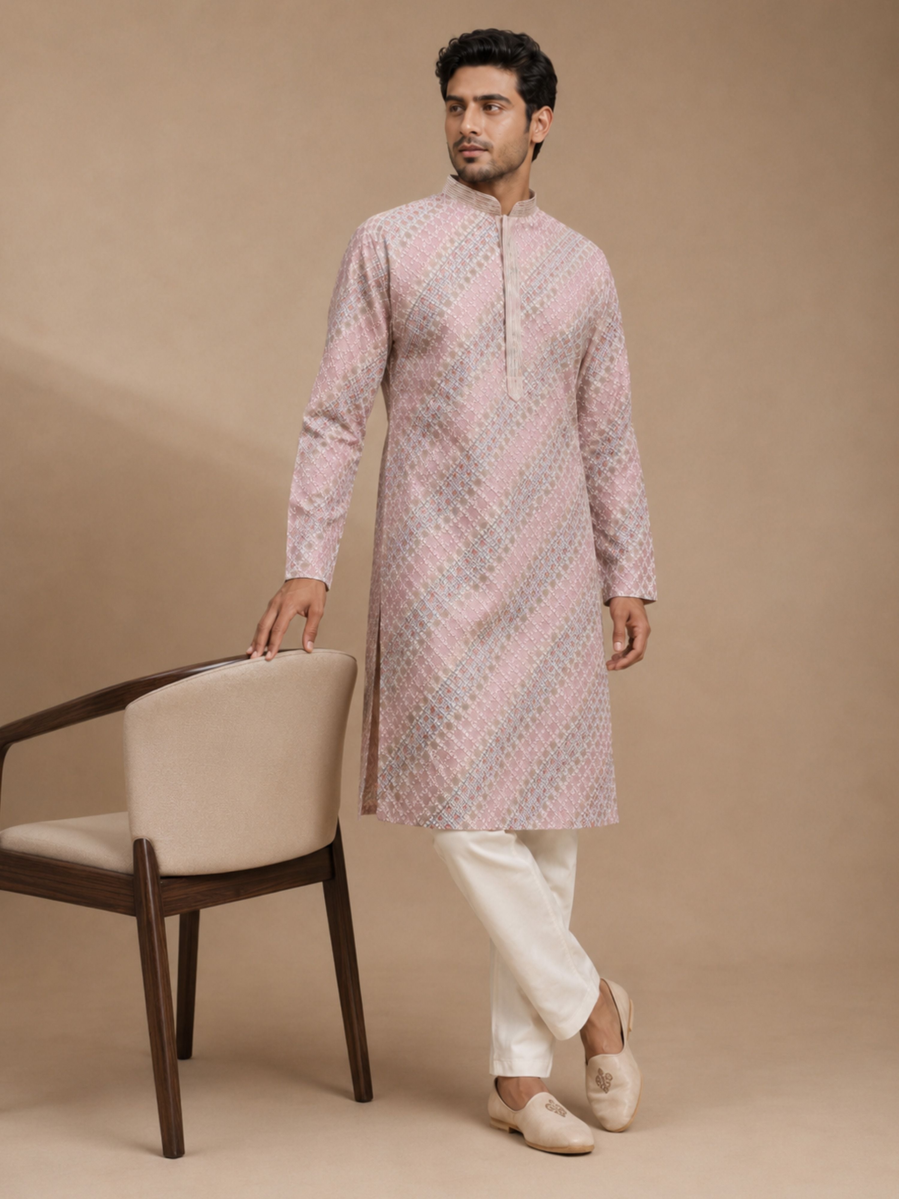 Men's Pink Silk-Blend Embellished Knee Length Long Kurta