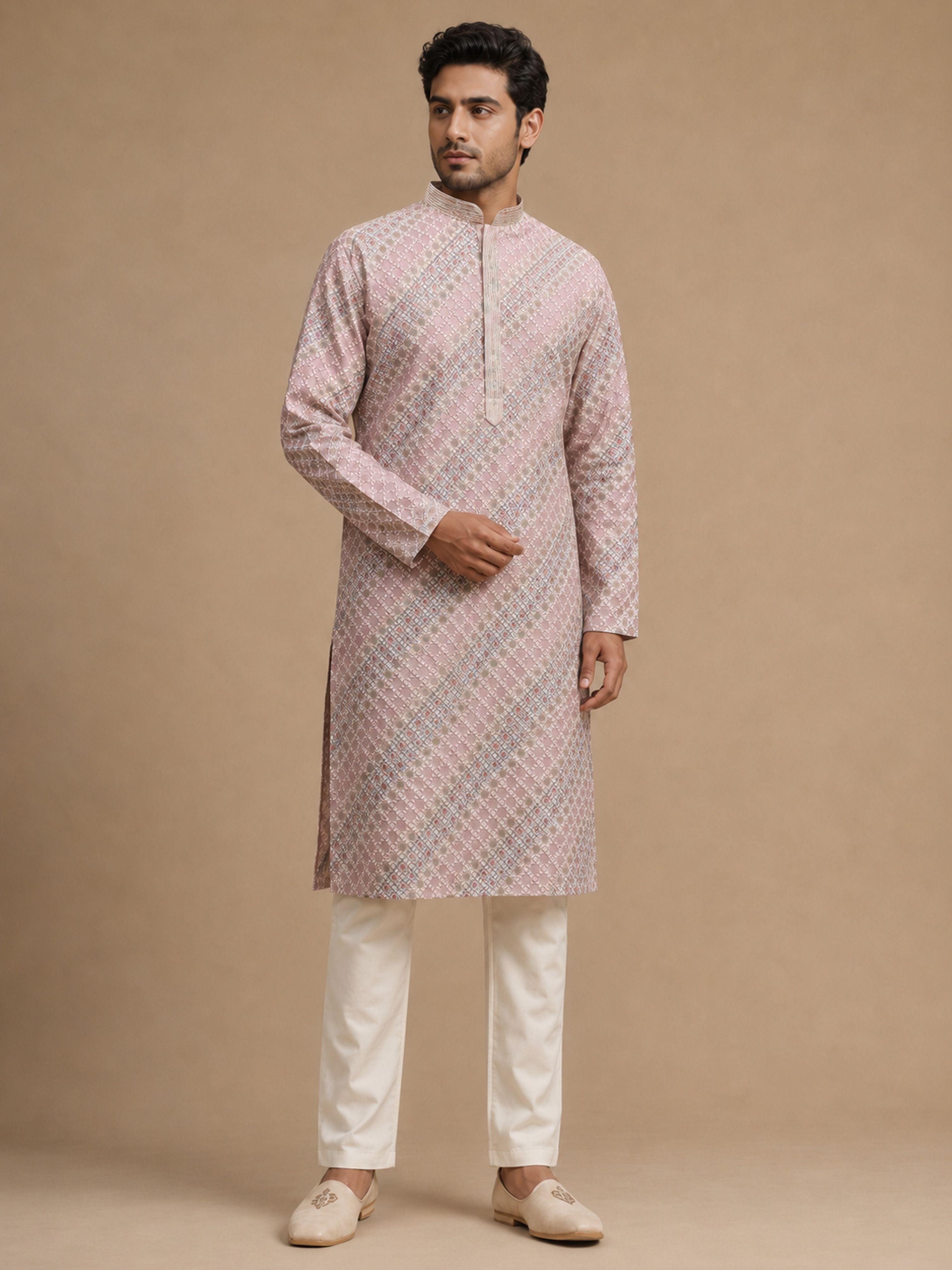 Men's Pink Silk-Blend Embroidered Knee Length Kurta With Pyjama