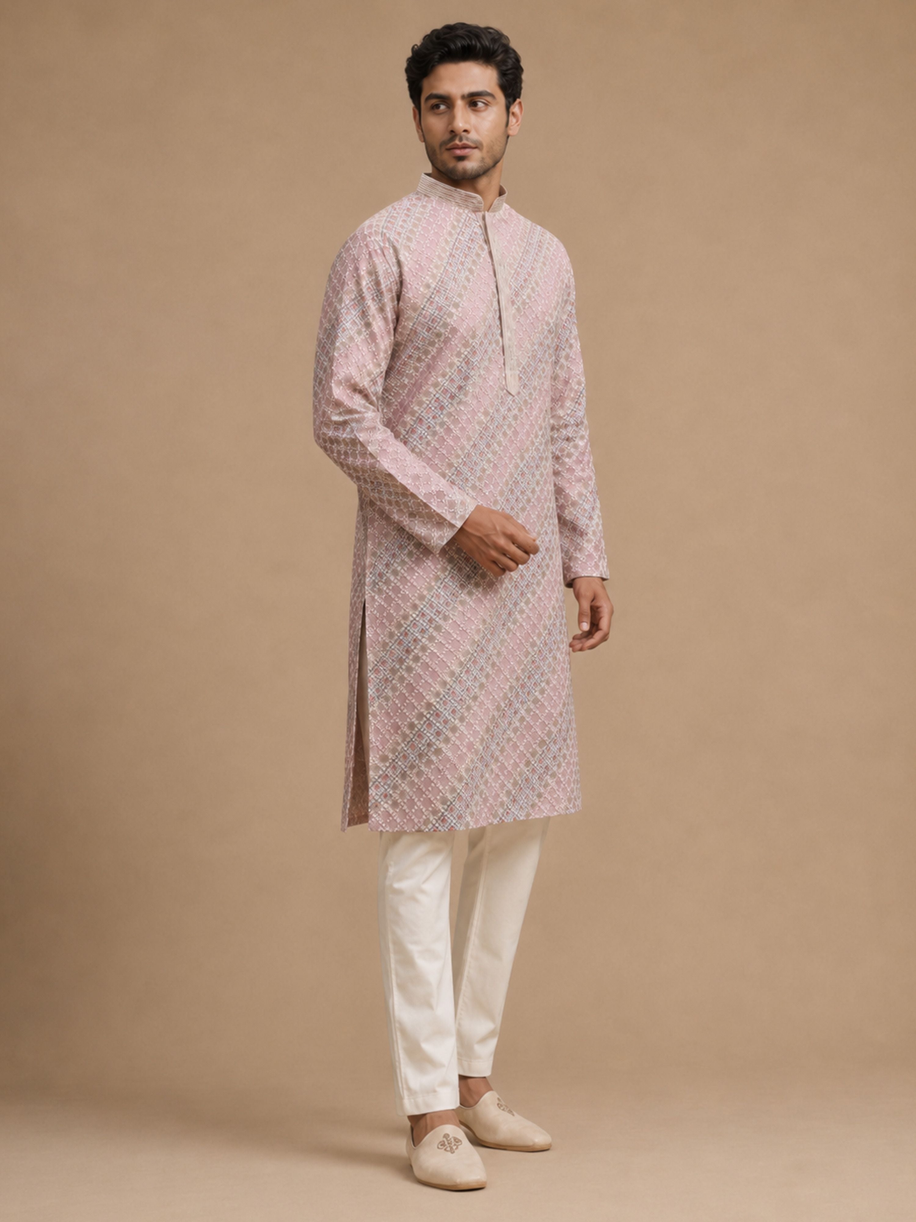 Men's Pink Silk-Blend Embroidered Knee Length Kurta With Pyjama