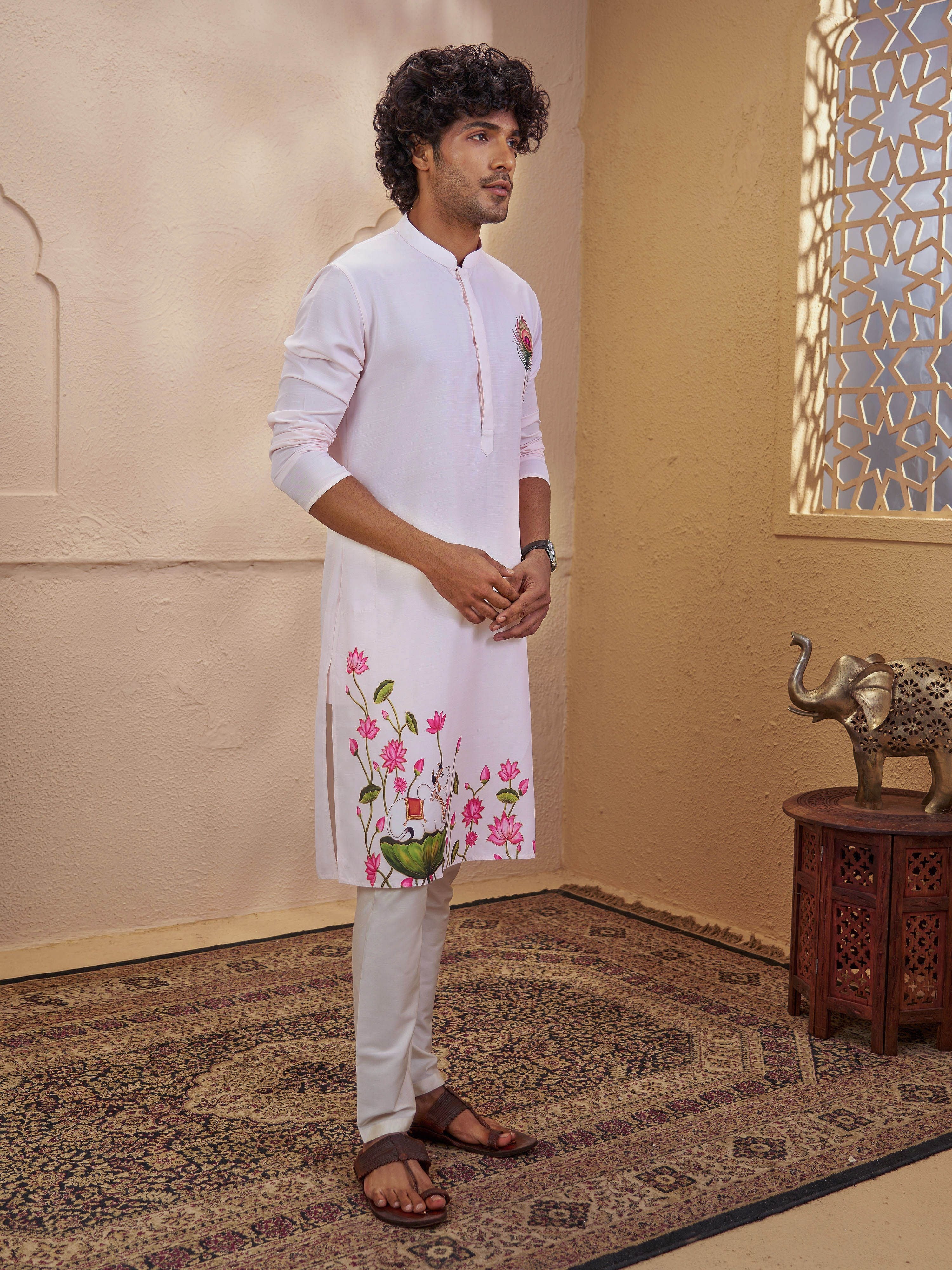 Men's Light Pink Viscose Printed Thigh Length Kurta With Pyjama