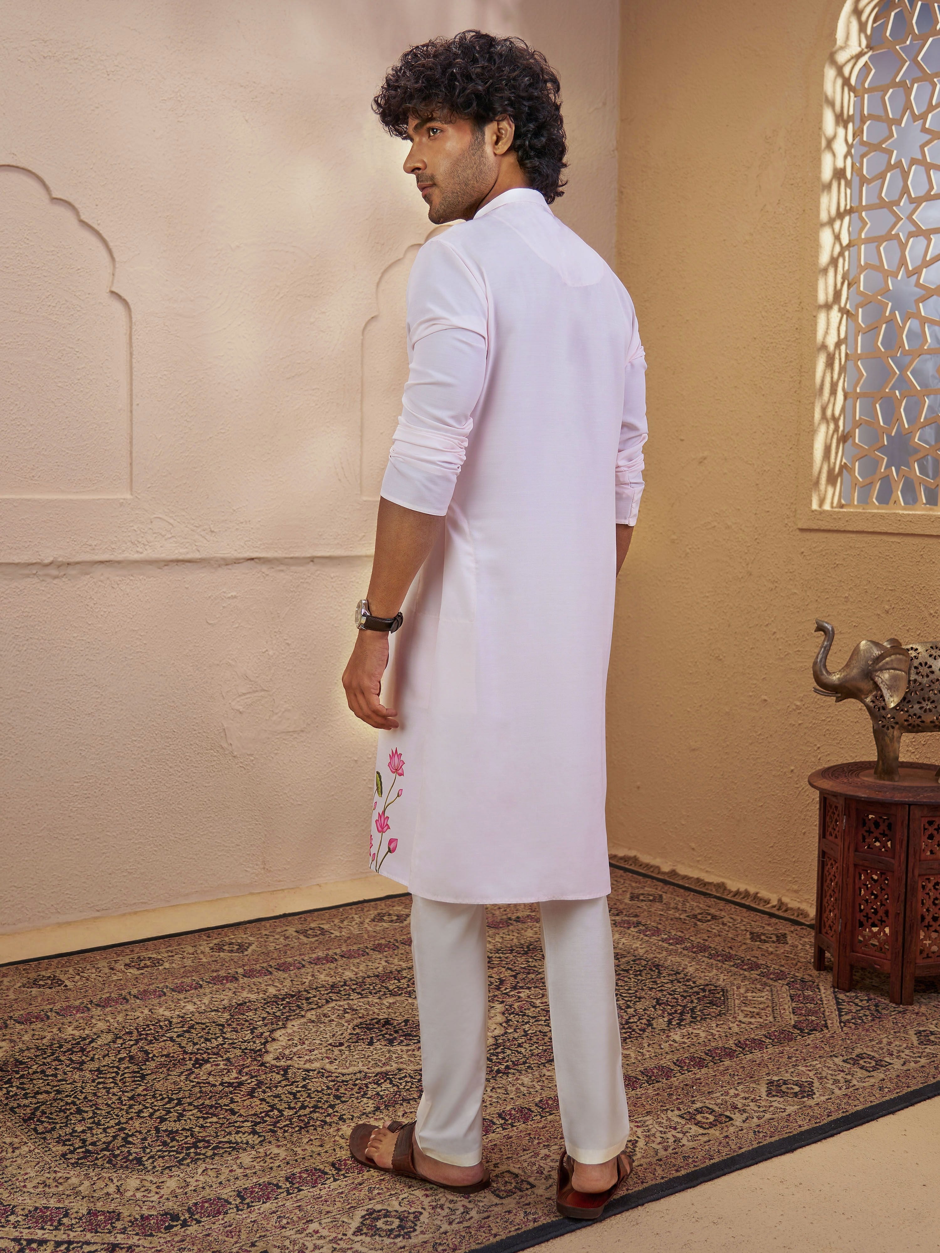 Men's Light Pink Viscose Printed Thigh Length Kurta With Pyjama