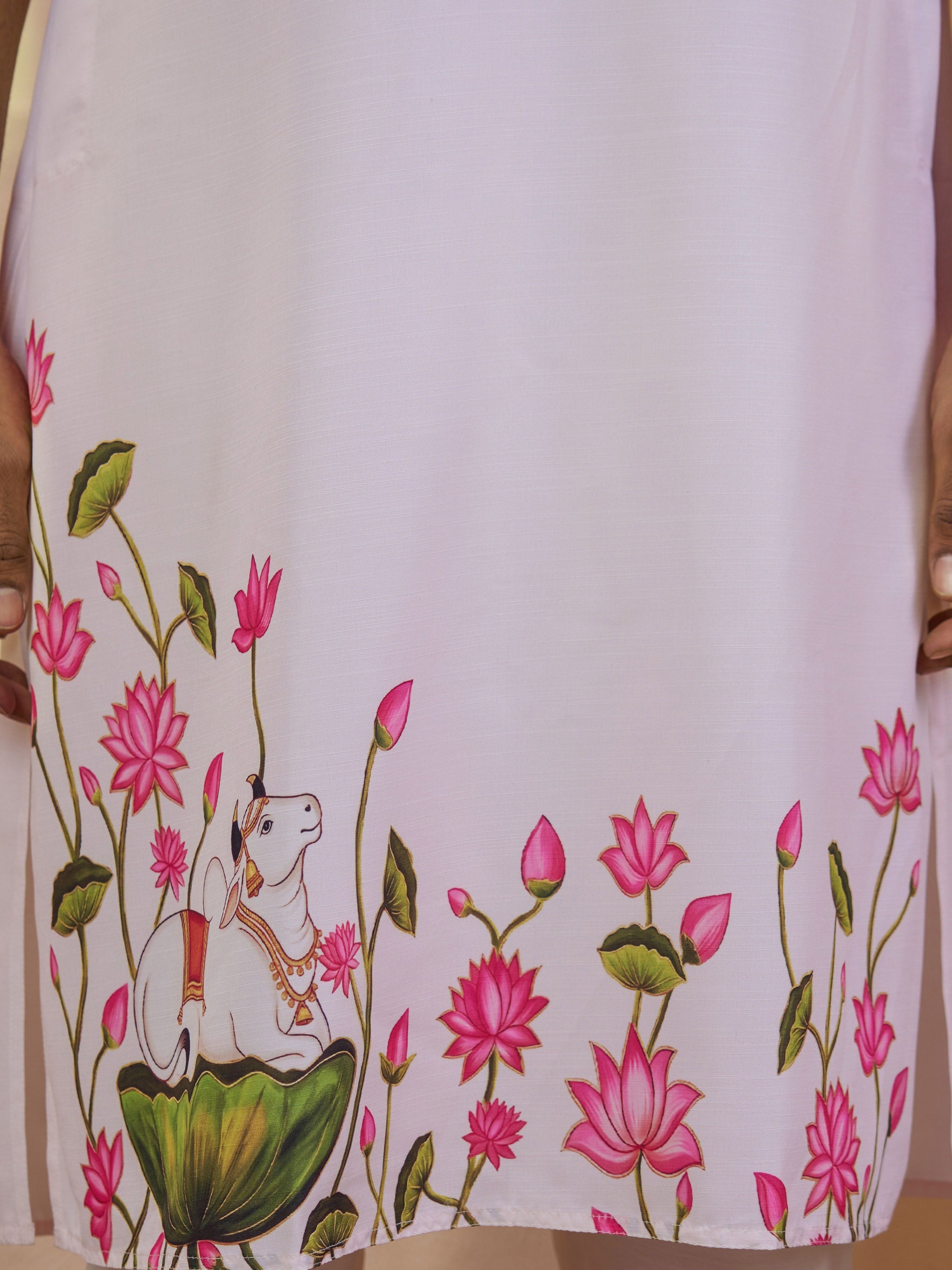 Men's Light Pink Viscose Printed Thigh Length Kurta With Pyjama