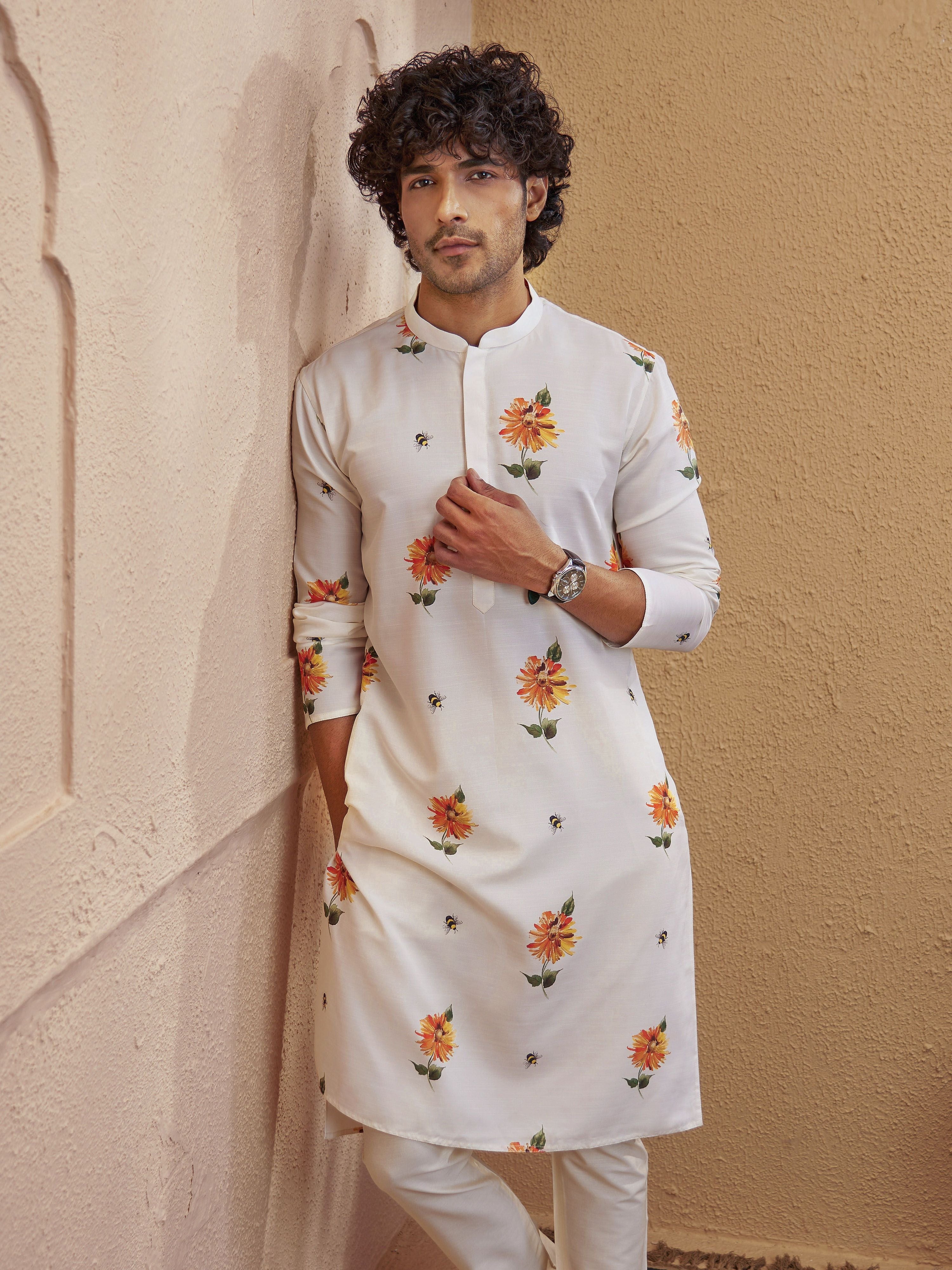 Men Light Yellow Floral Print Mandarin Collar Kurta