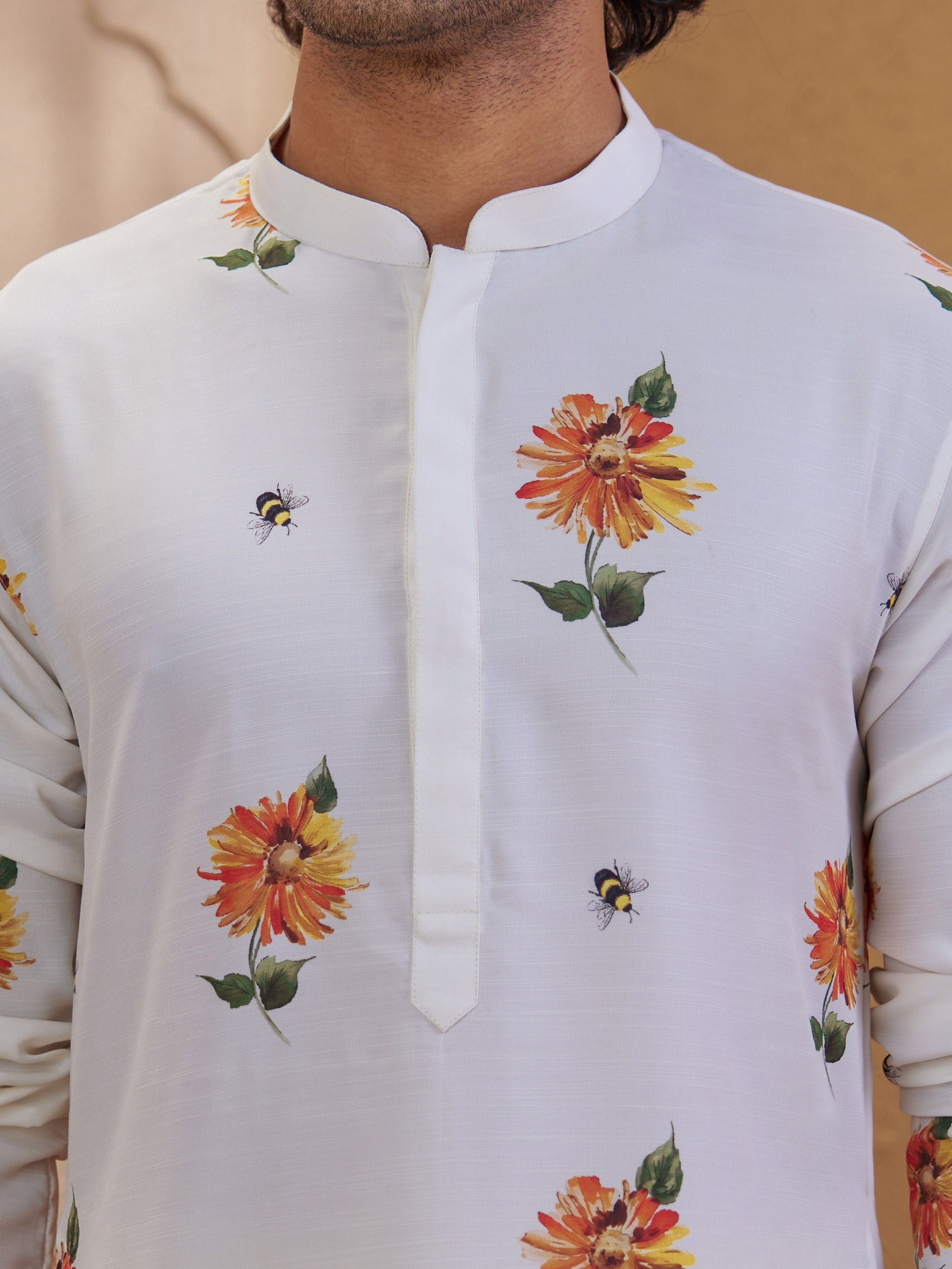 Men's Light Yellow Woven Fabric Floral Print Thigh Length Kurta