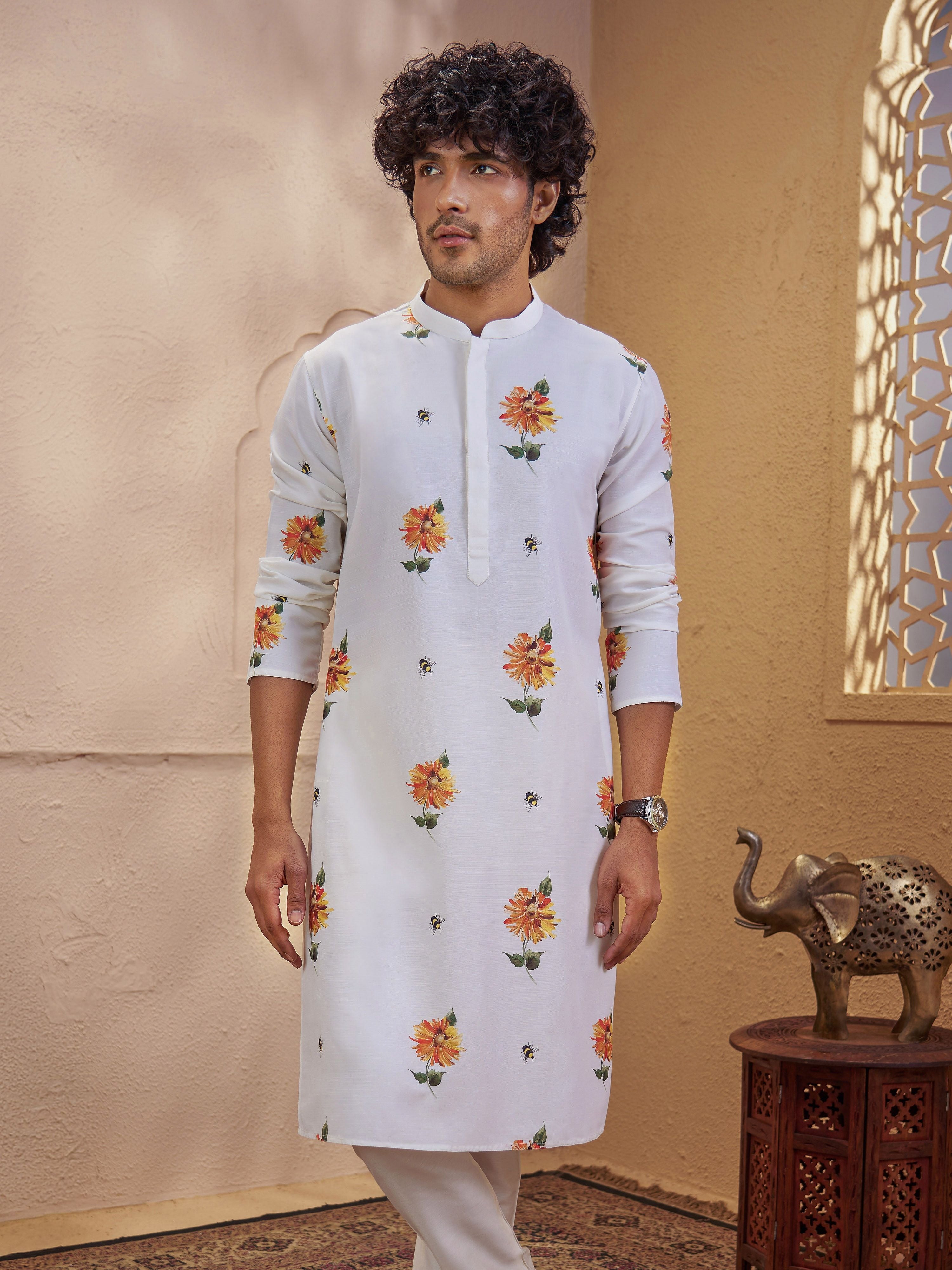 Men's Light Yellow Woven Fabric Floral Print Thigh Length Kurta