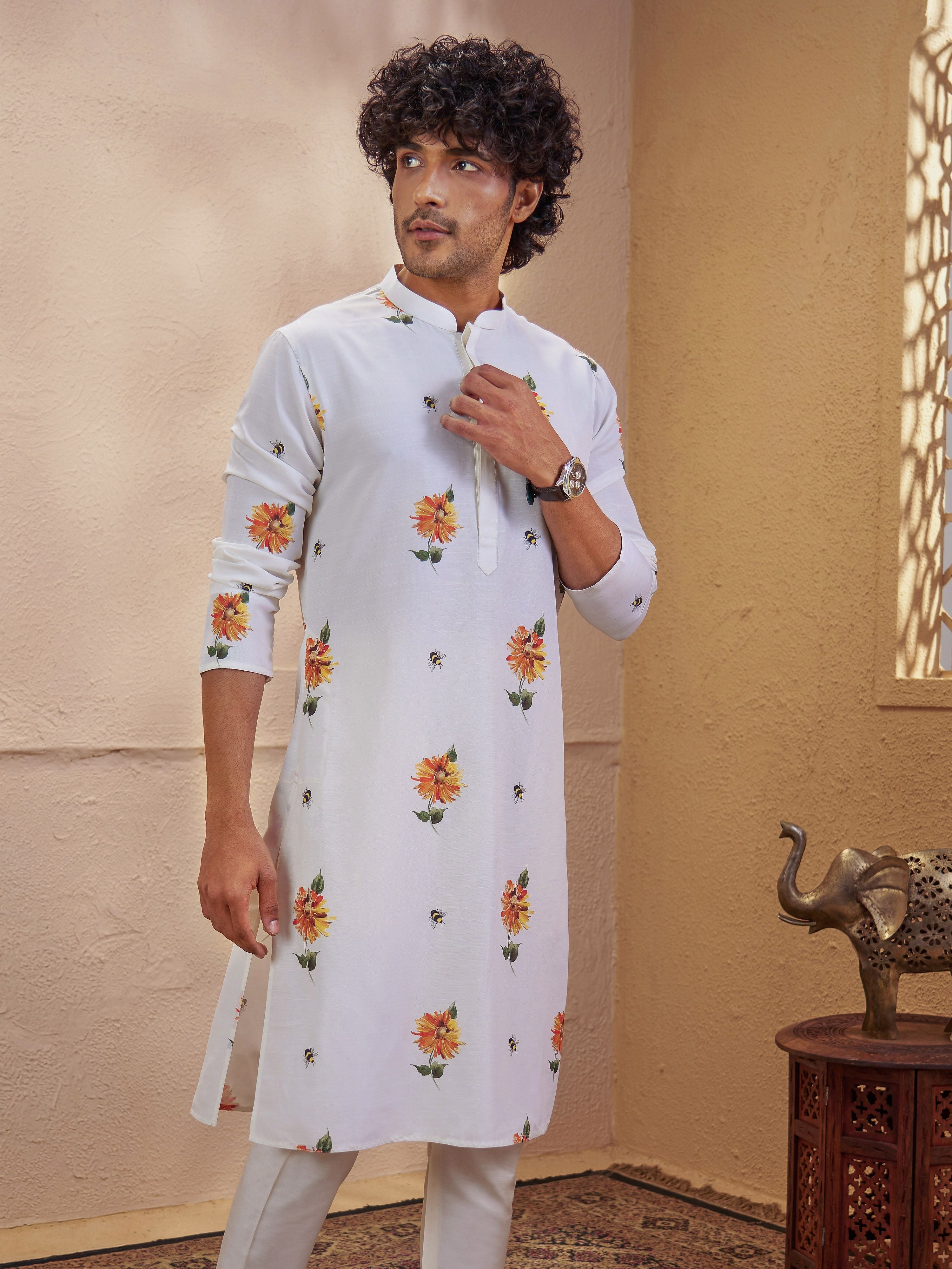 Men's Light Yellow Woven Fabric Floral Print Thigh Length Kurta