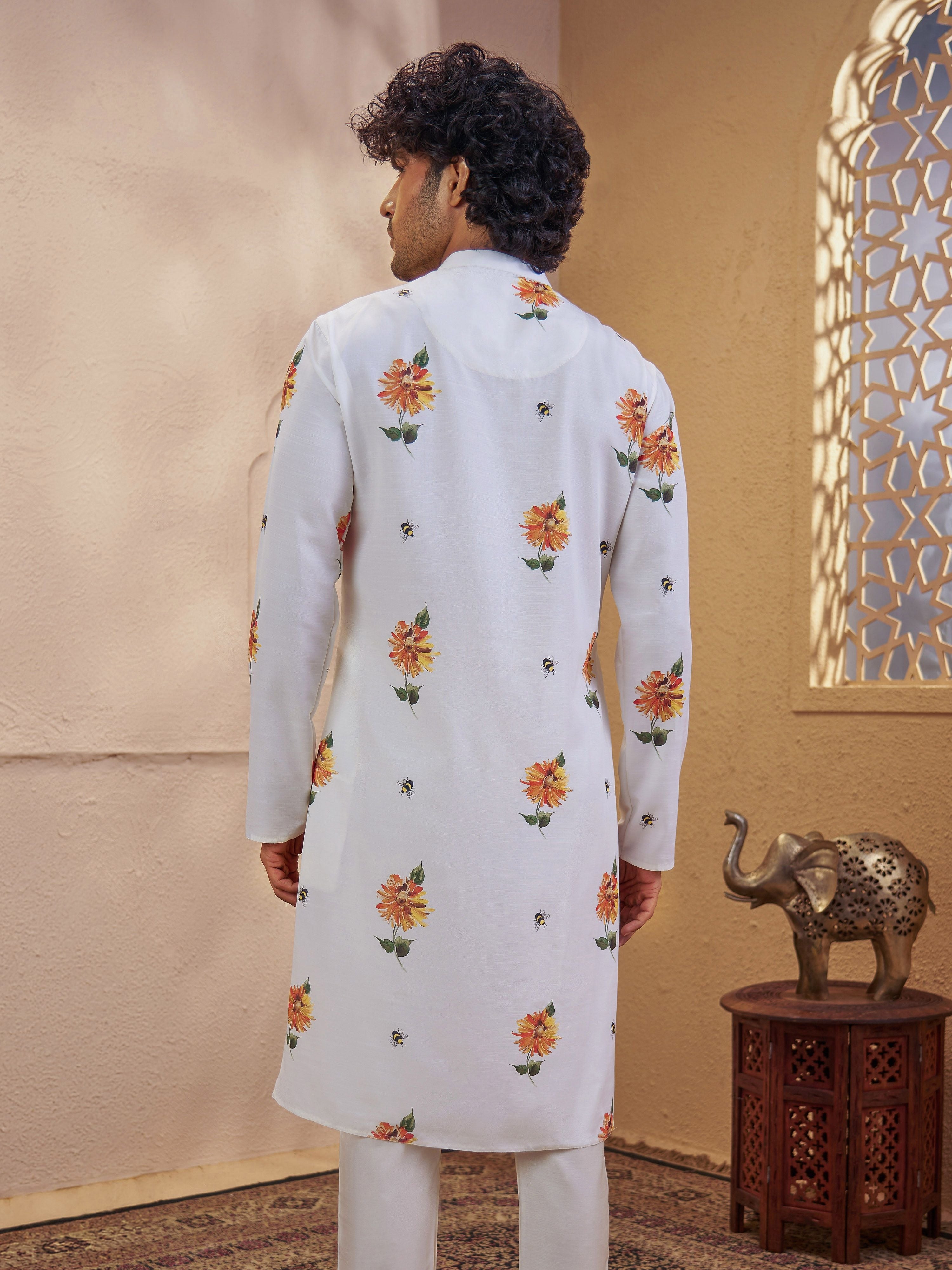 Men's Light Yellow Woven Fabric Floral Print Thigh Length Kurta