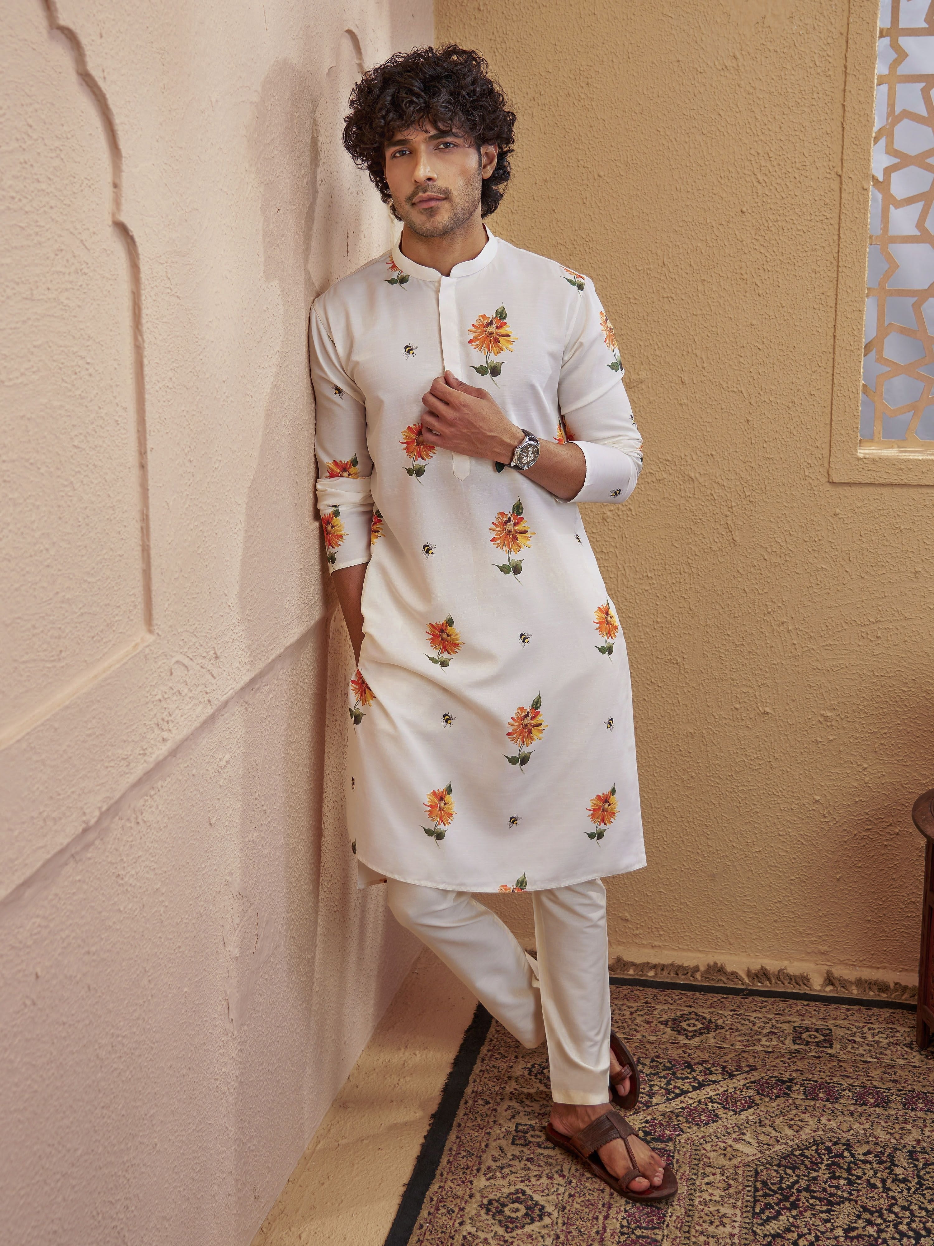 Light Yellow Viscose Floral Print Kurta Pyjama Set