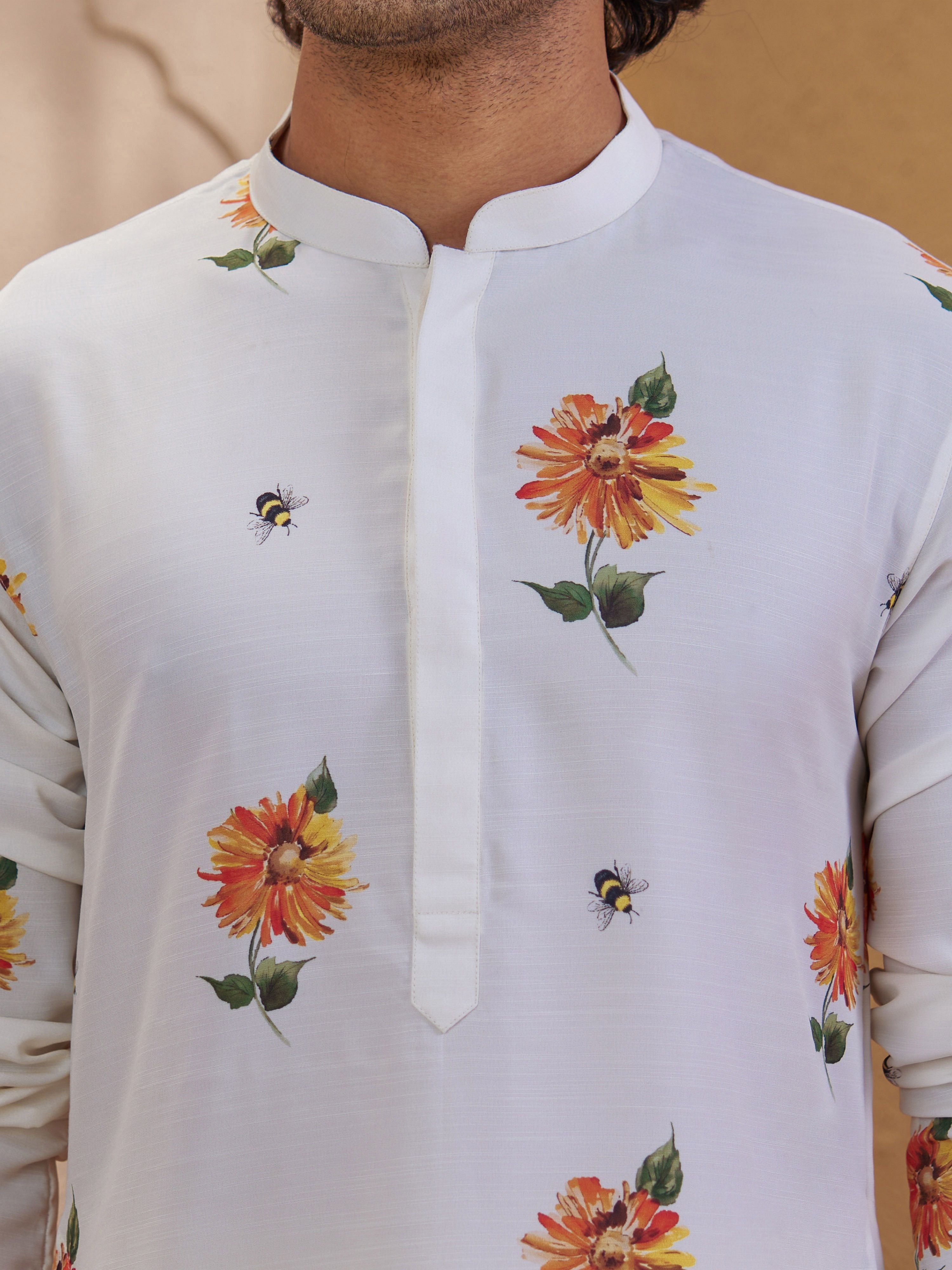 Men's Light Yellow Viscose Printed Thigh Length Kurta With Pyjama