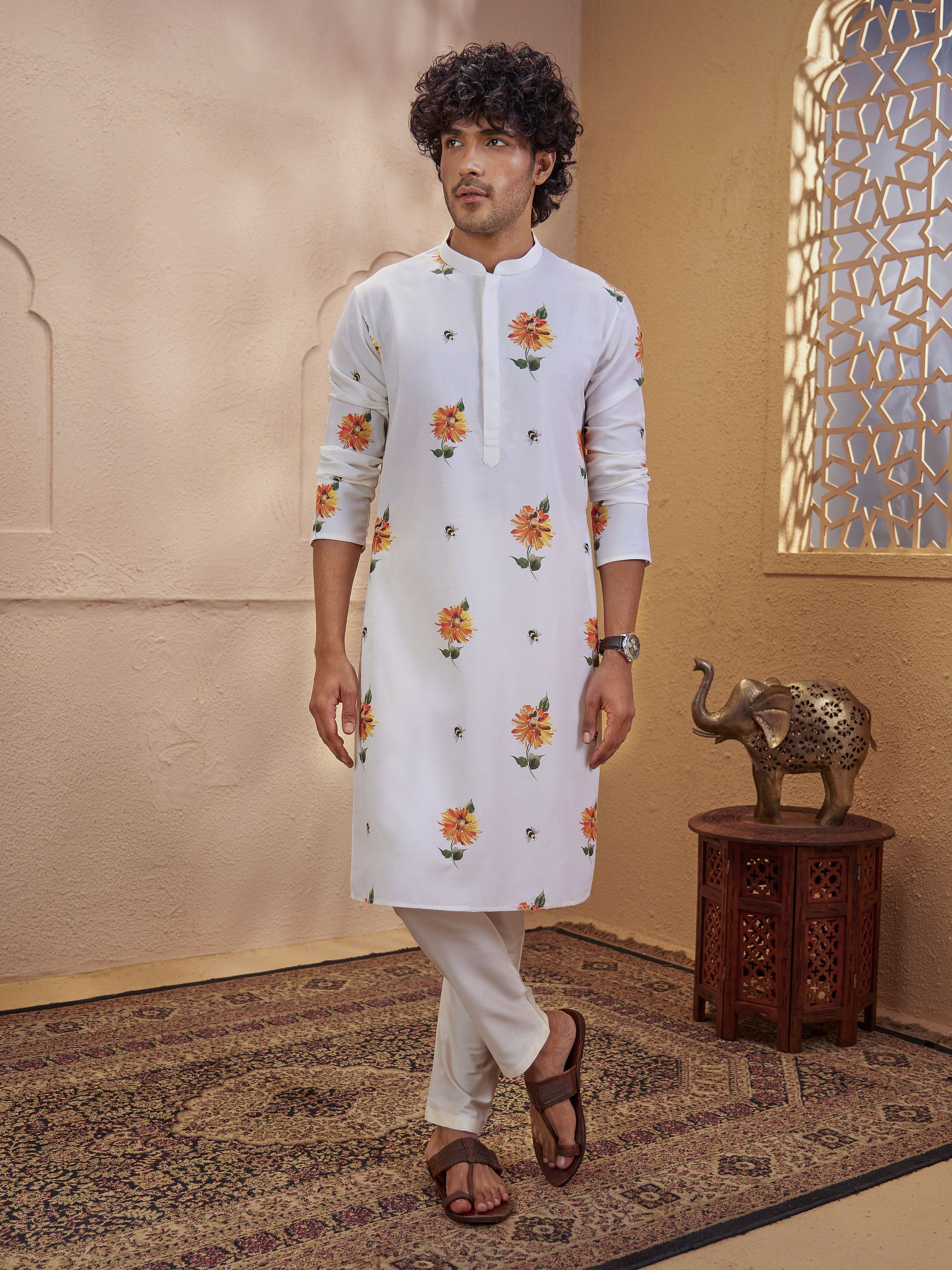 Men's Light Yellow Viscose Printed Thigh Length Kurta With Pyjama