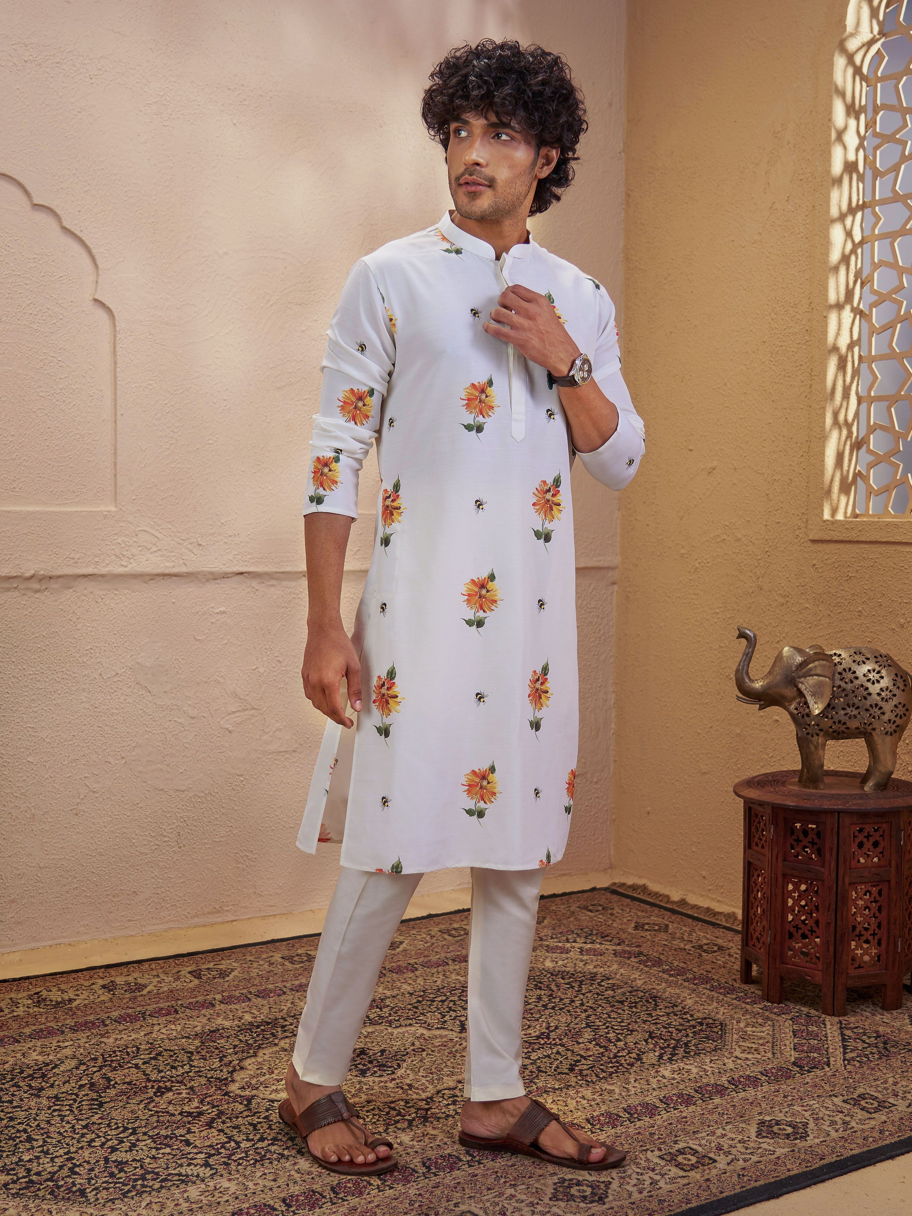 Men's Light Yellow Viscose Printed Thigh Length Kurta With Pyjama