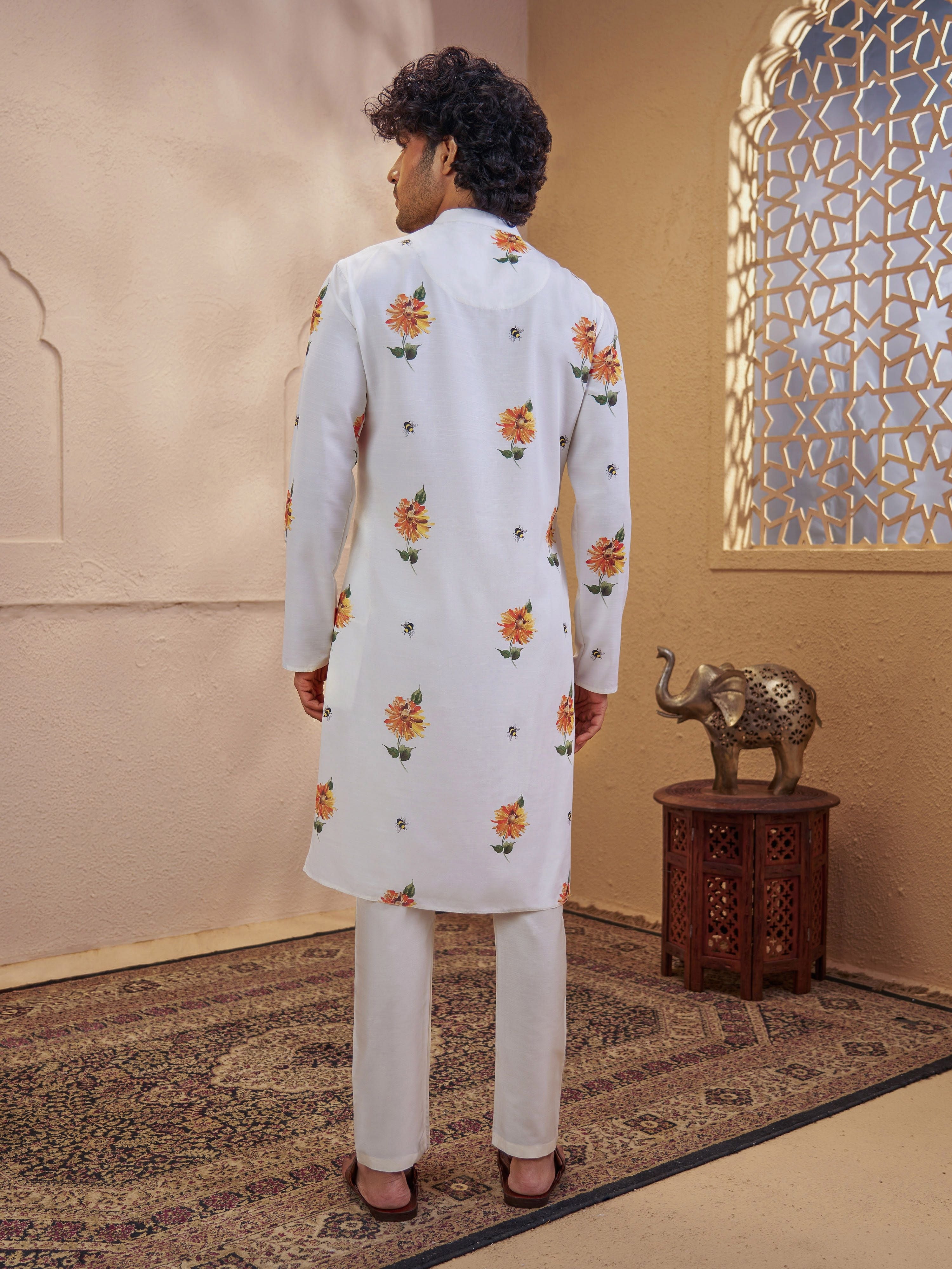 Men's Light Yellow Viscose Printed Thigh Length Kurta With Pyjama