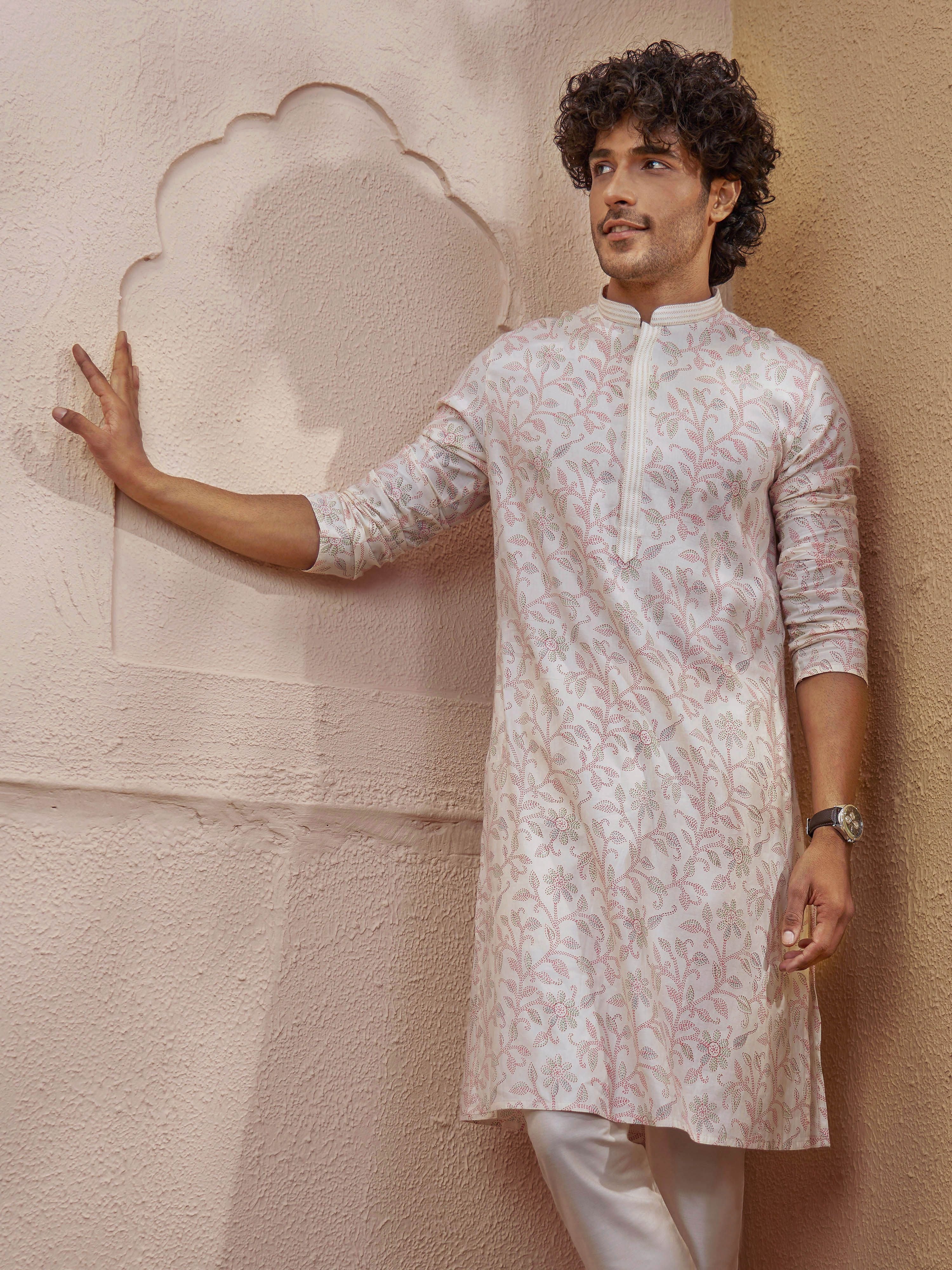 Men Cream Floral Print Kurta with Mandarin Collar