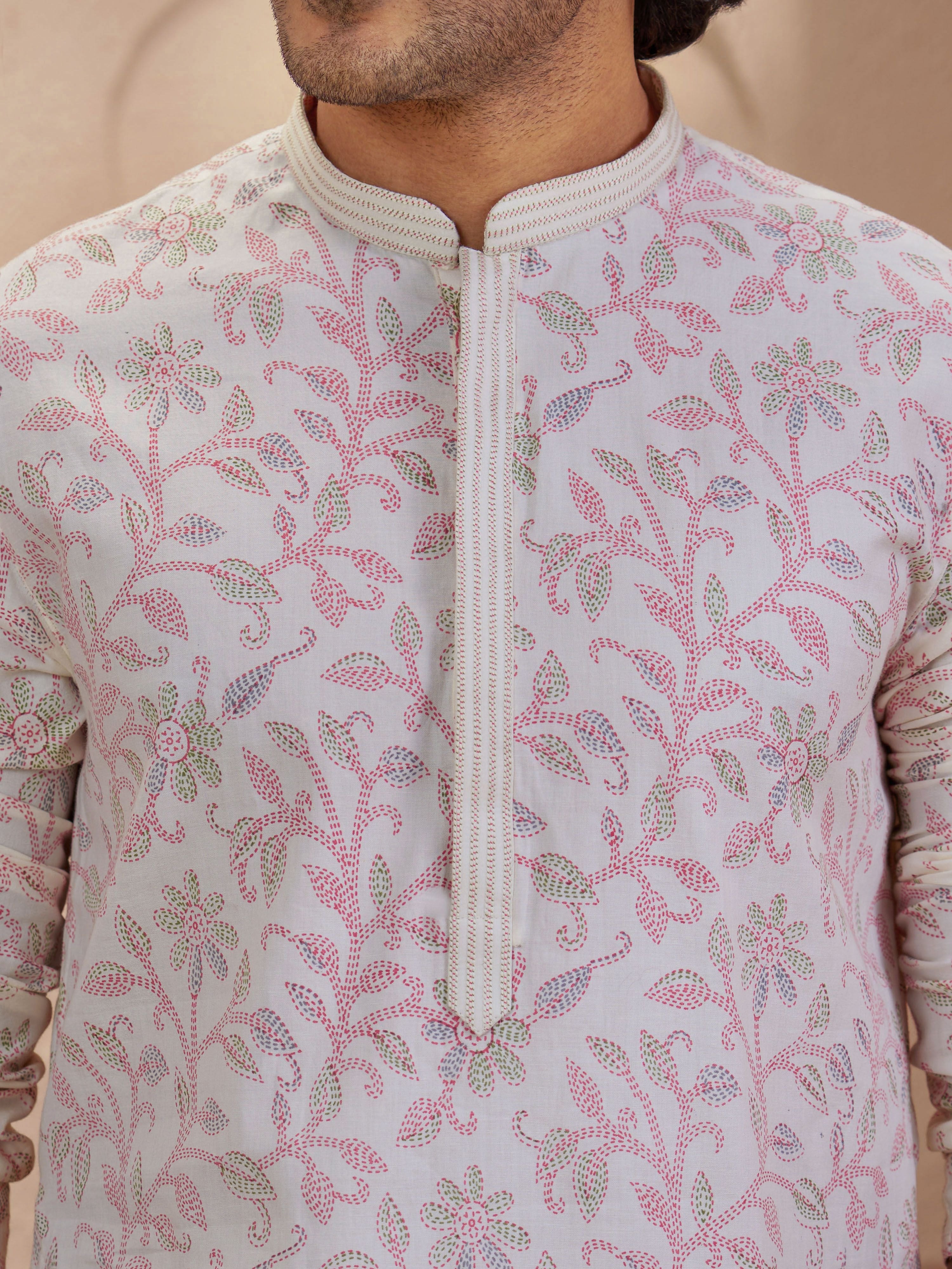 Men's Cream Woven Fabric Floral Print Thigh Length Kurta