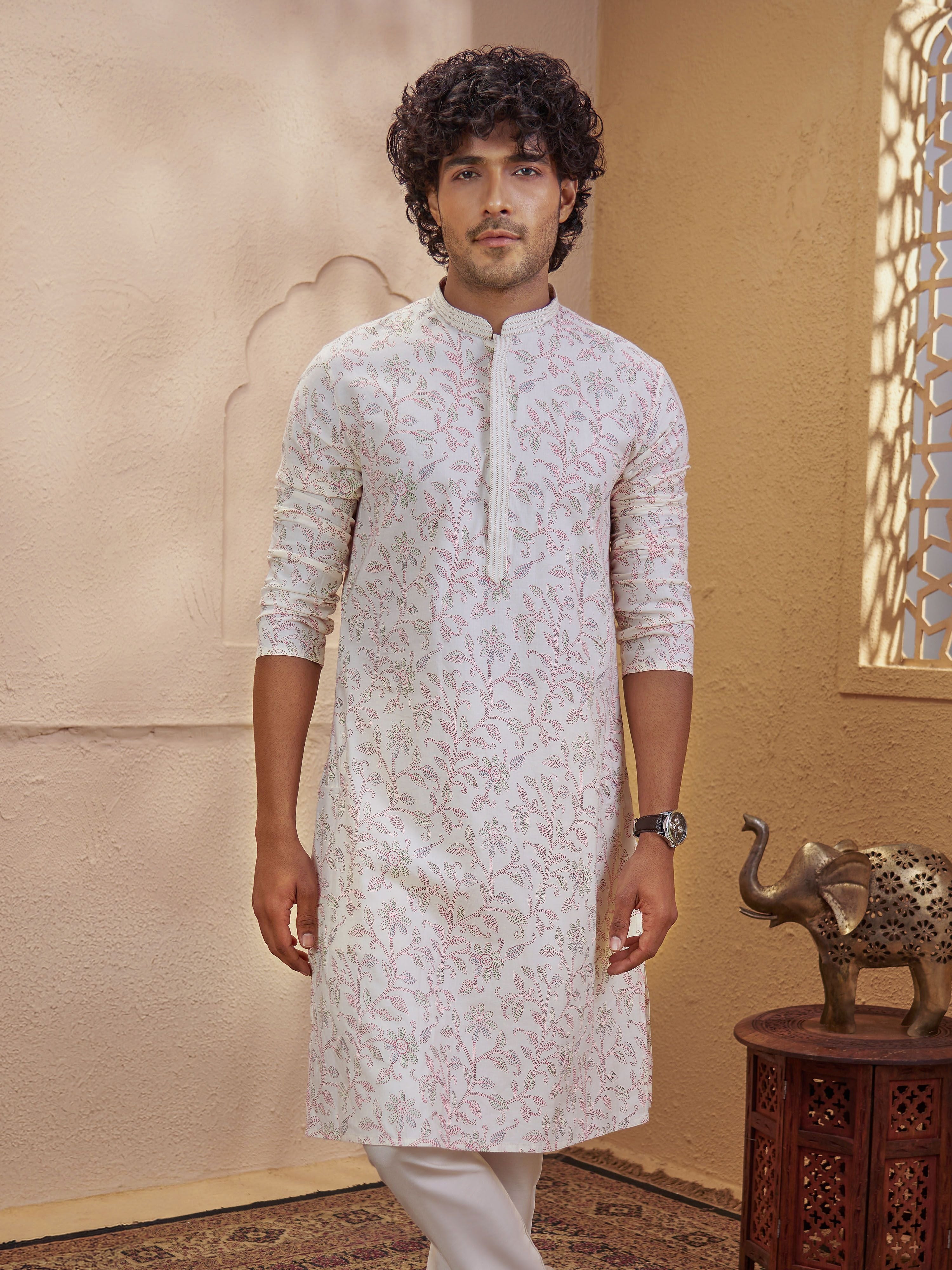 Men's Cream Woven Fabric Floral Print Thigh Length Kurta