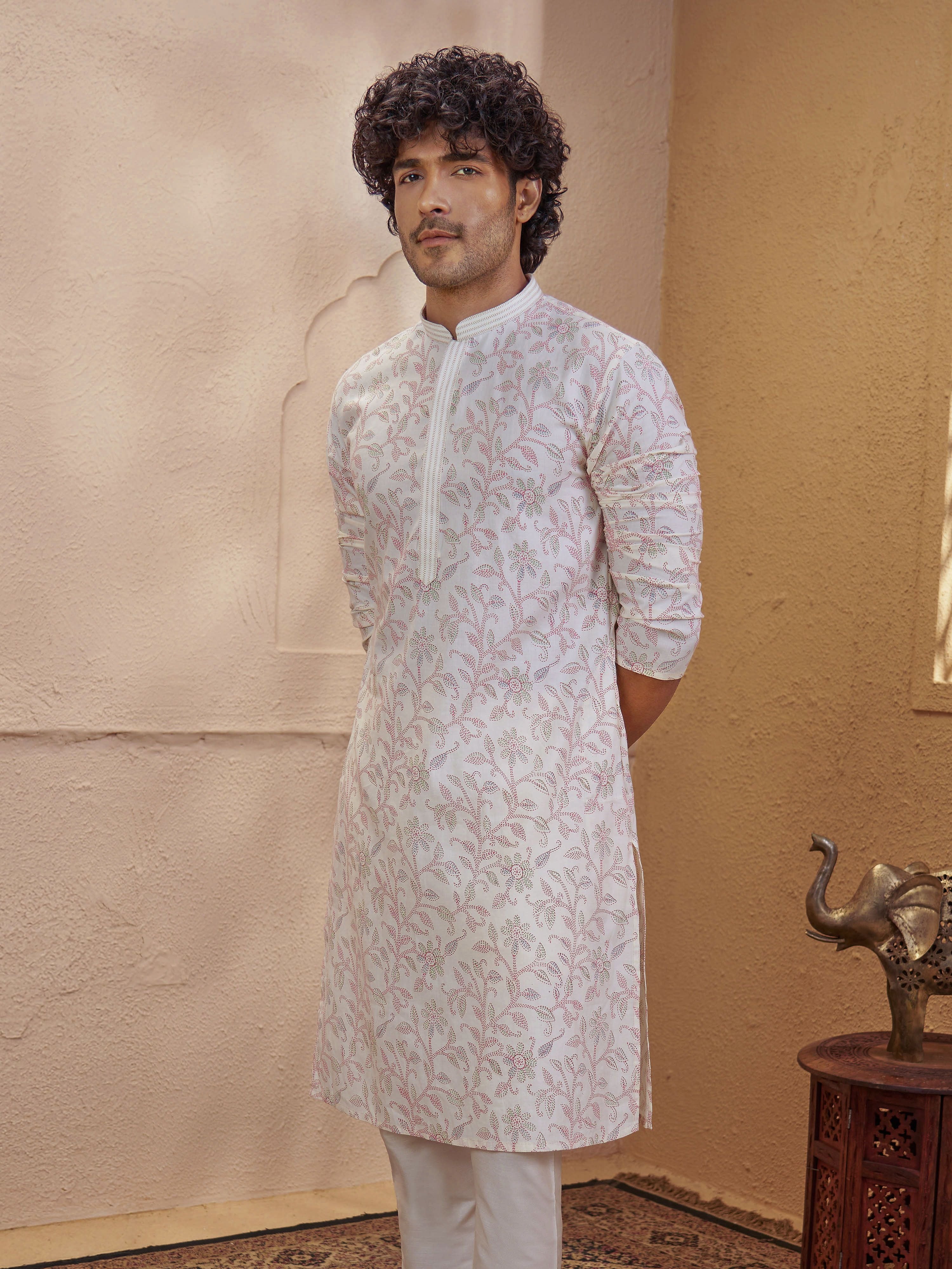 Men's Cream Woven Fabric Floral Print Thigh Length Kurta