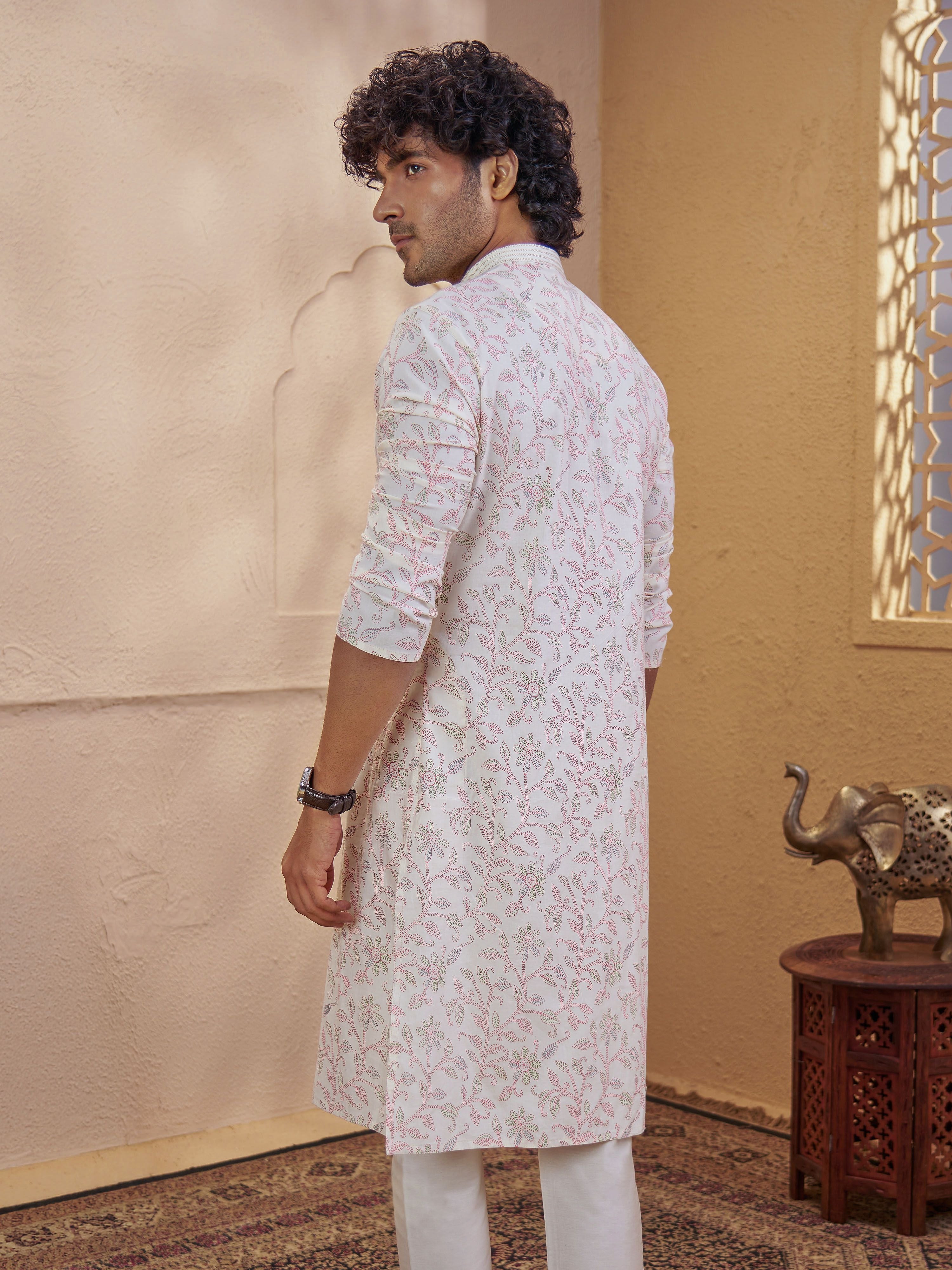 Men's Cream Woven Fabric Floral Print Thigh Length Kurta