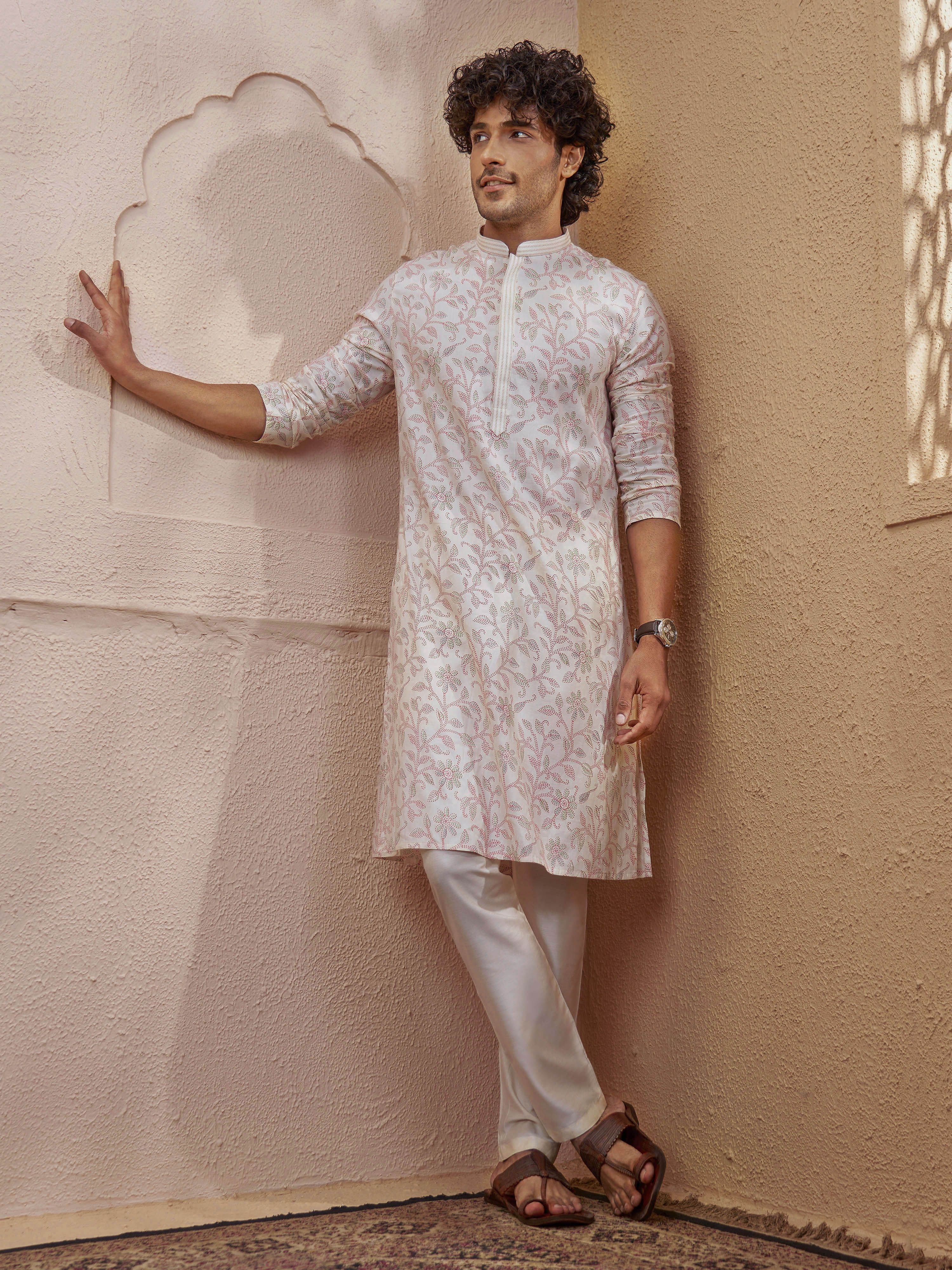 Men's Cream Woven Fabric Floral Print Thigh Length Kurta