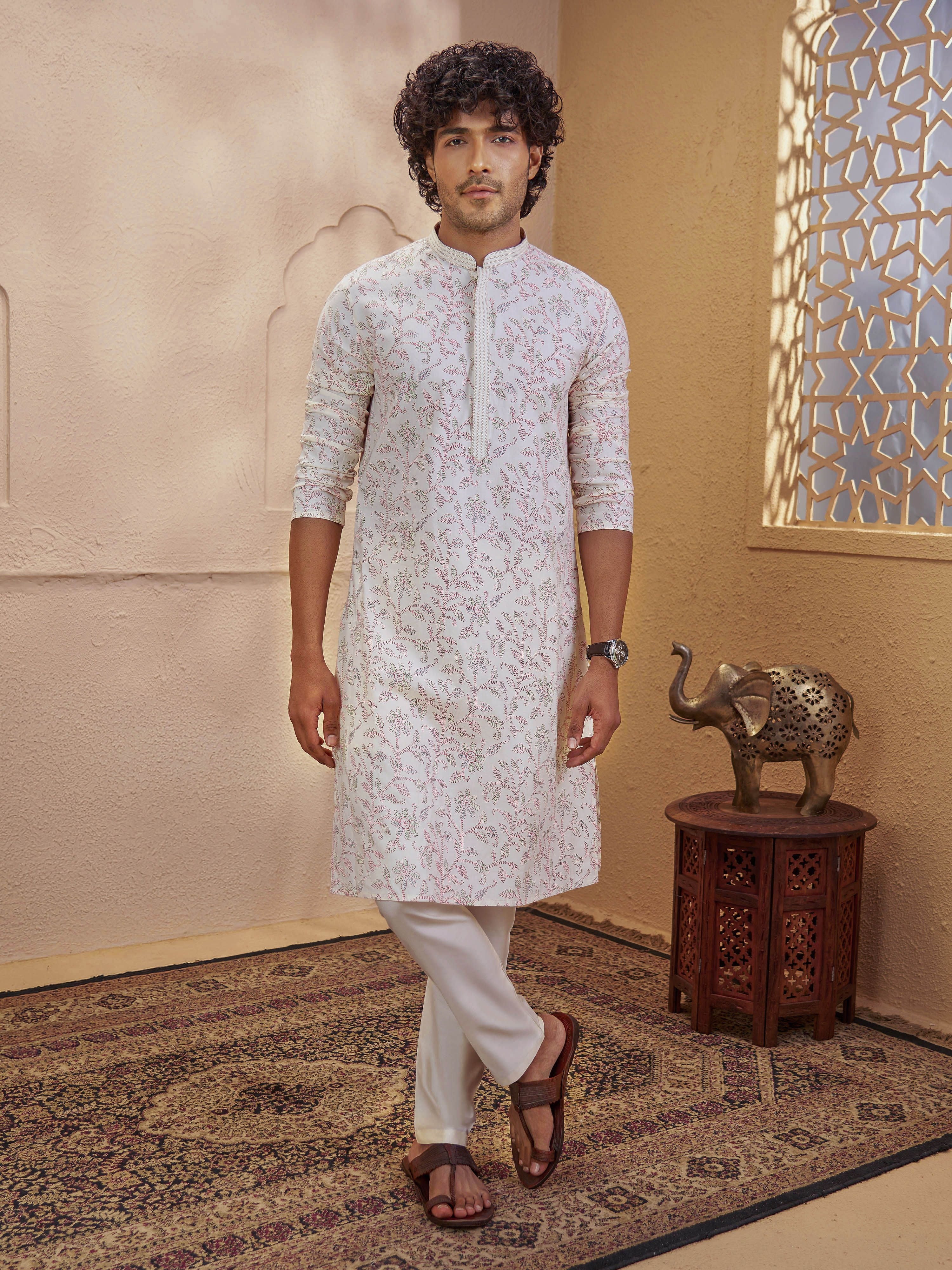 Men's Cream Viscose Floral Print Thigh Length Kurta With Pyjama