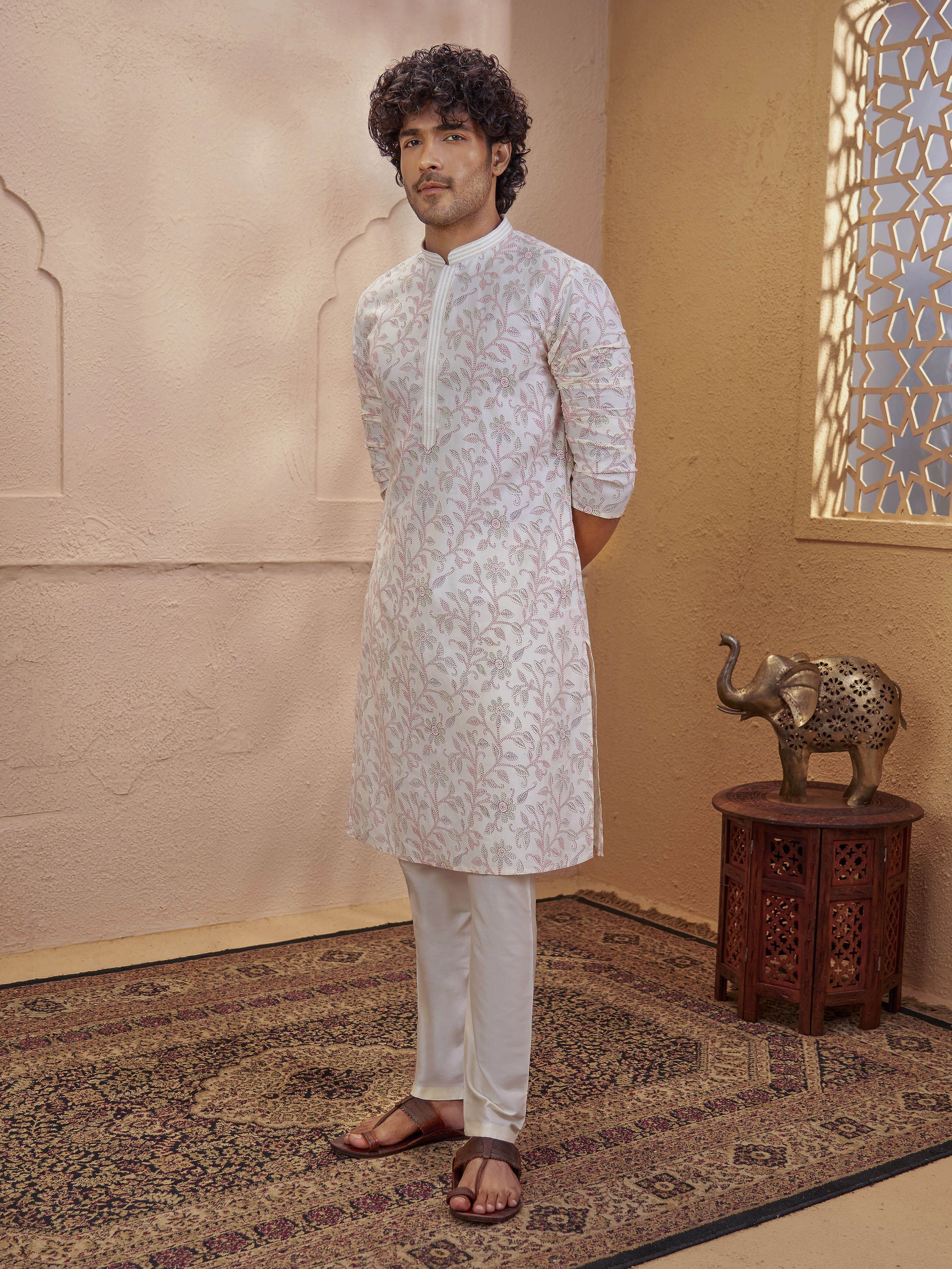 Men's Cream Viscose Floral Print Thigh Length Kurta With Pyjama