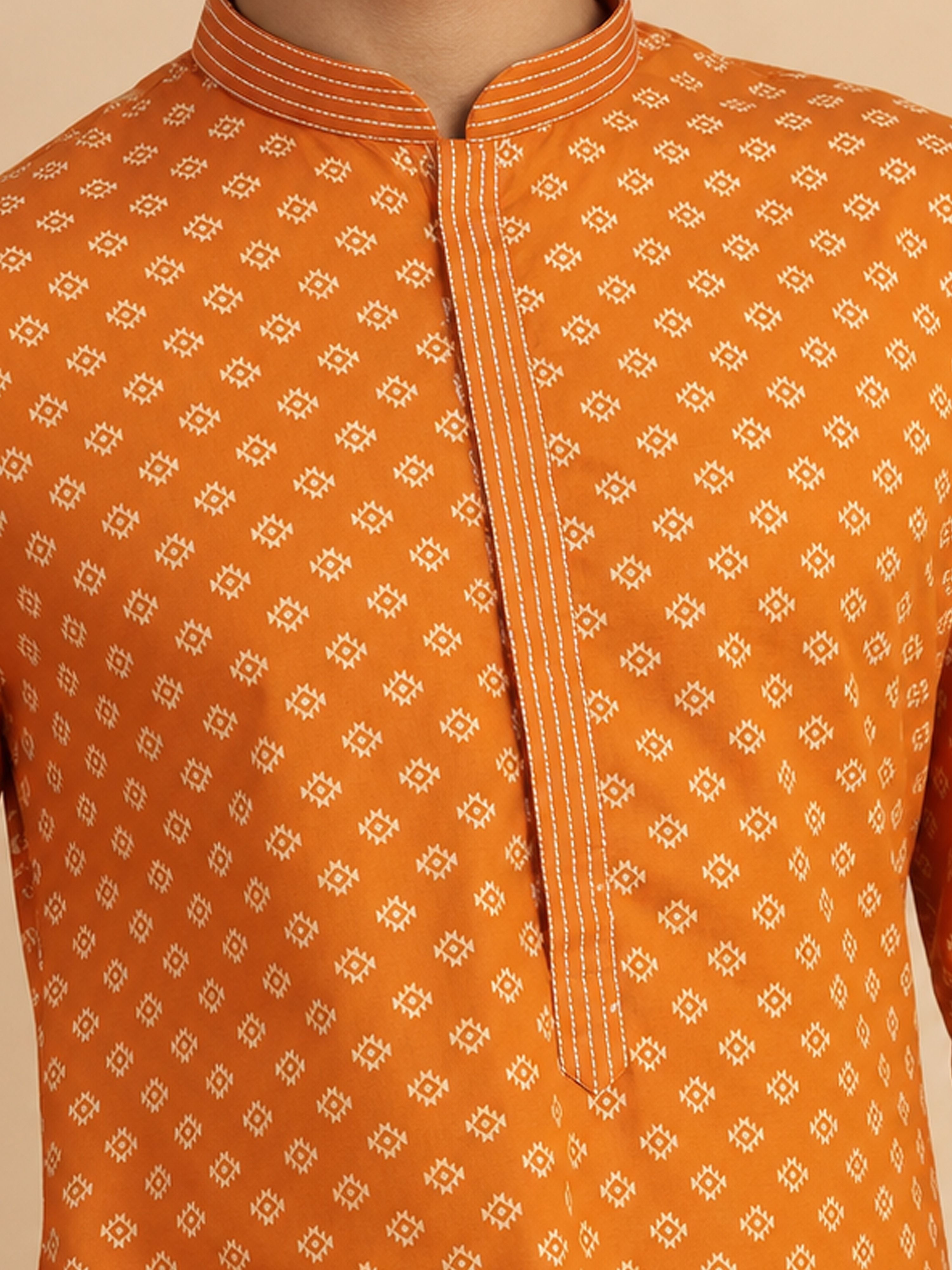 Men's Orange Cotton Embroidered Knee Length Kurta With Pyjama