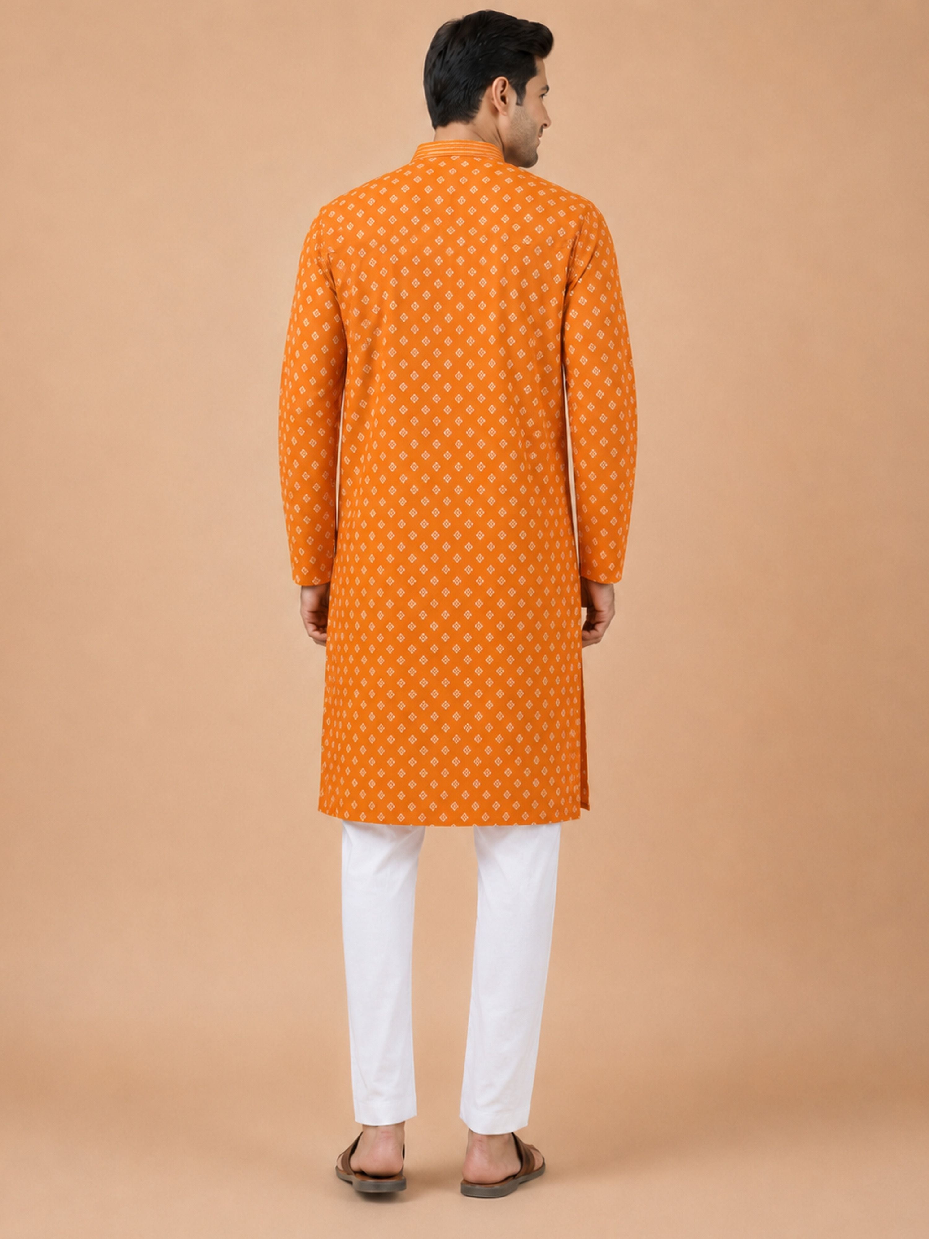 Men's Orange Cotton Embroidered Knee Length Kurta With Pyjama