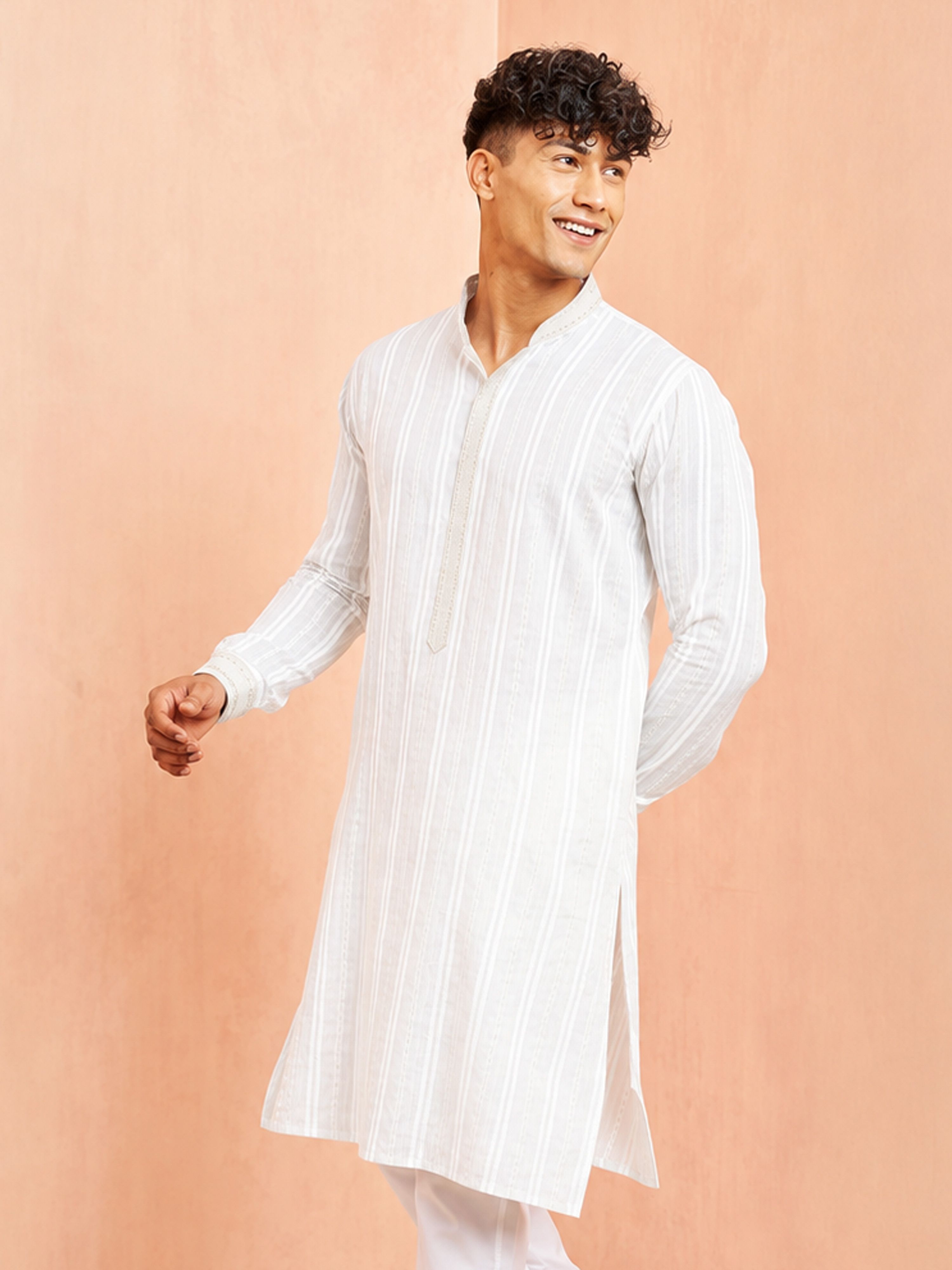 Men's White Cotton Embroidered Above Knee Kurta