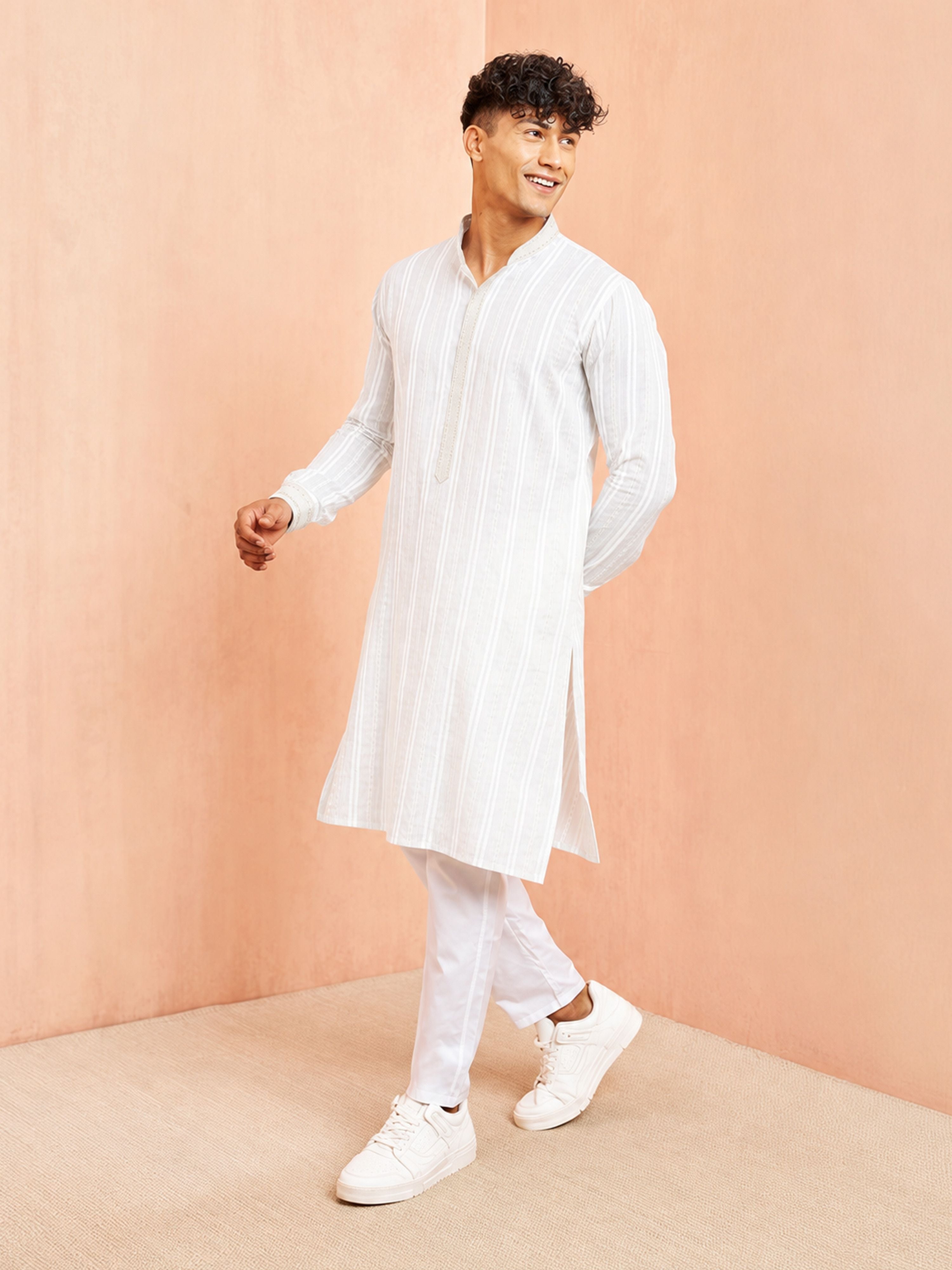 Men's White Cotton Embroidered Above Knee Kurta with Pyjama