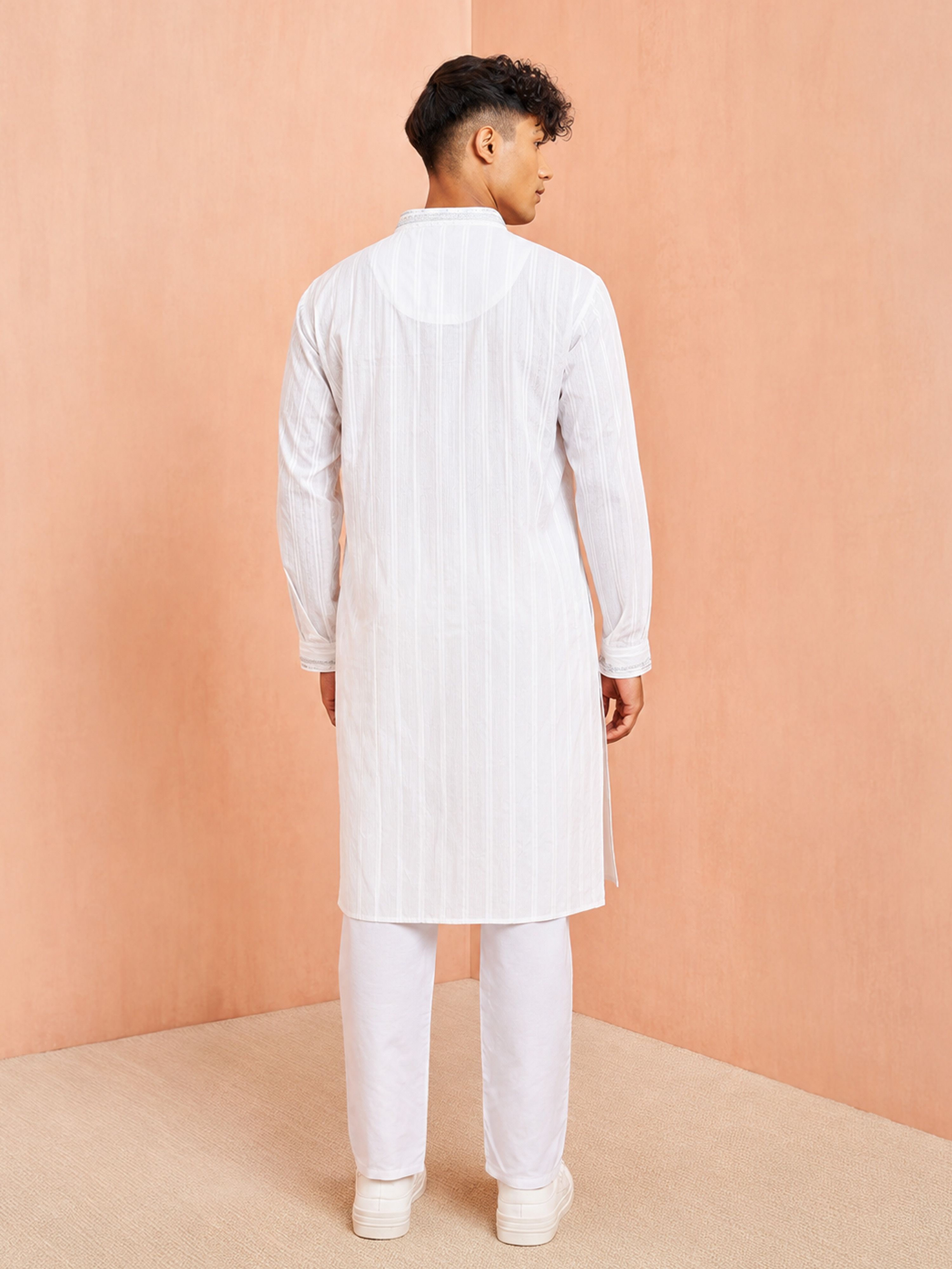 Men's White Cotton Embroidered Above Knee Kurta with Pyjama