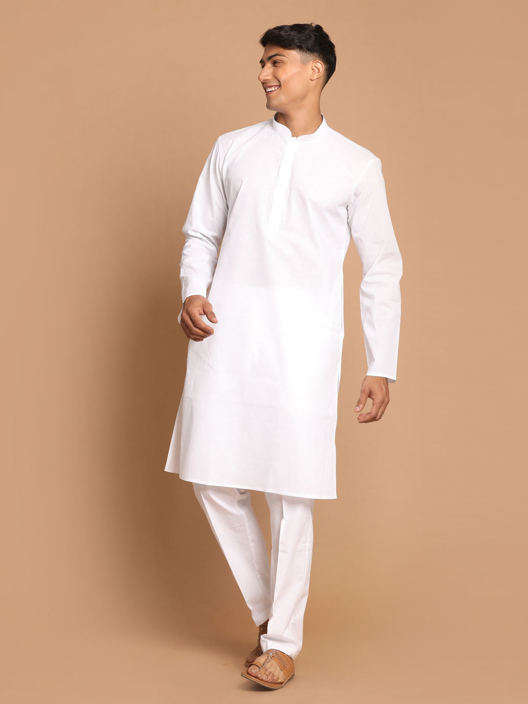 Men's White Kurta And Pant Style Cotton Pajama Set