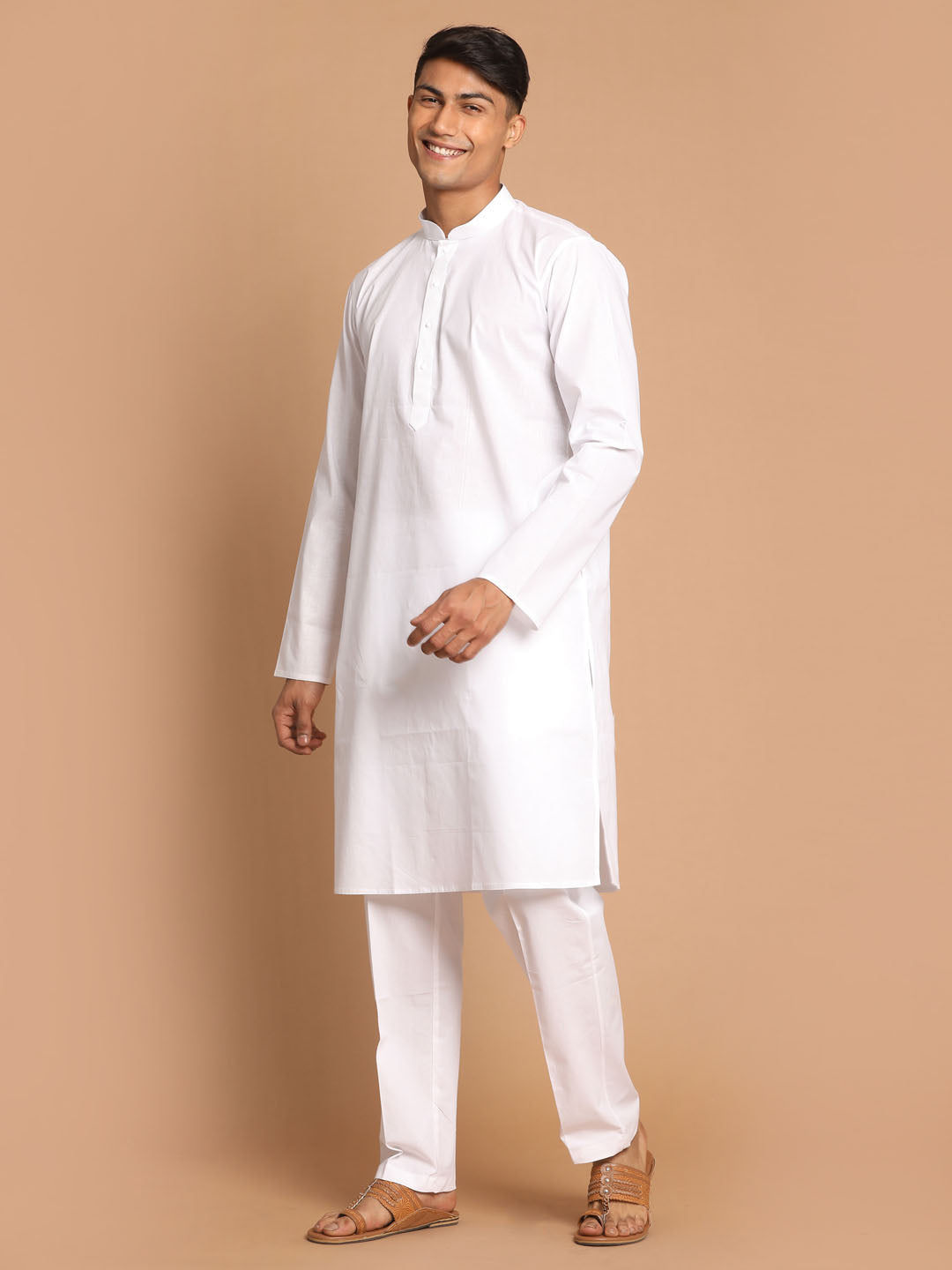 Men's White Kurta And Pant Style Cotton Pajama Set