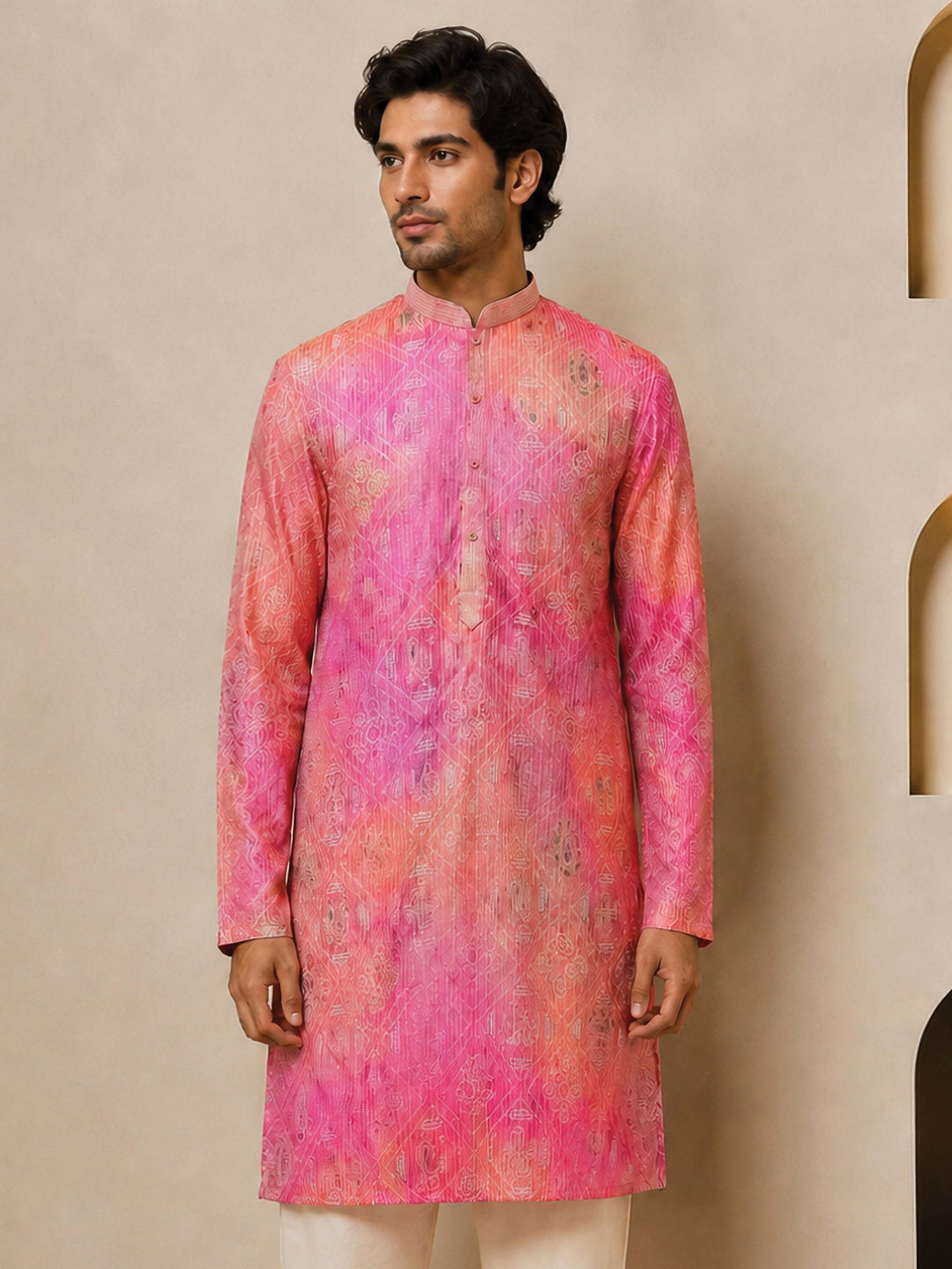 Men Peach Bandhani Print Kurta with Mandarin Collar