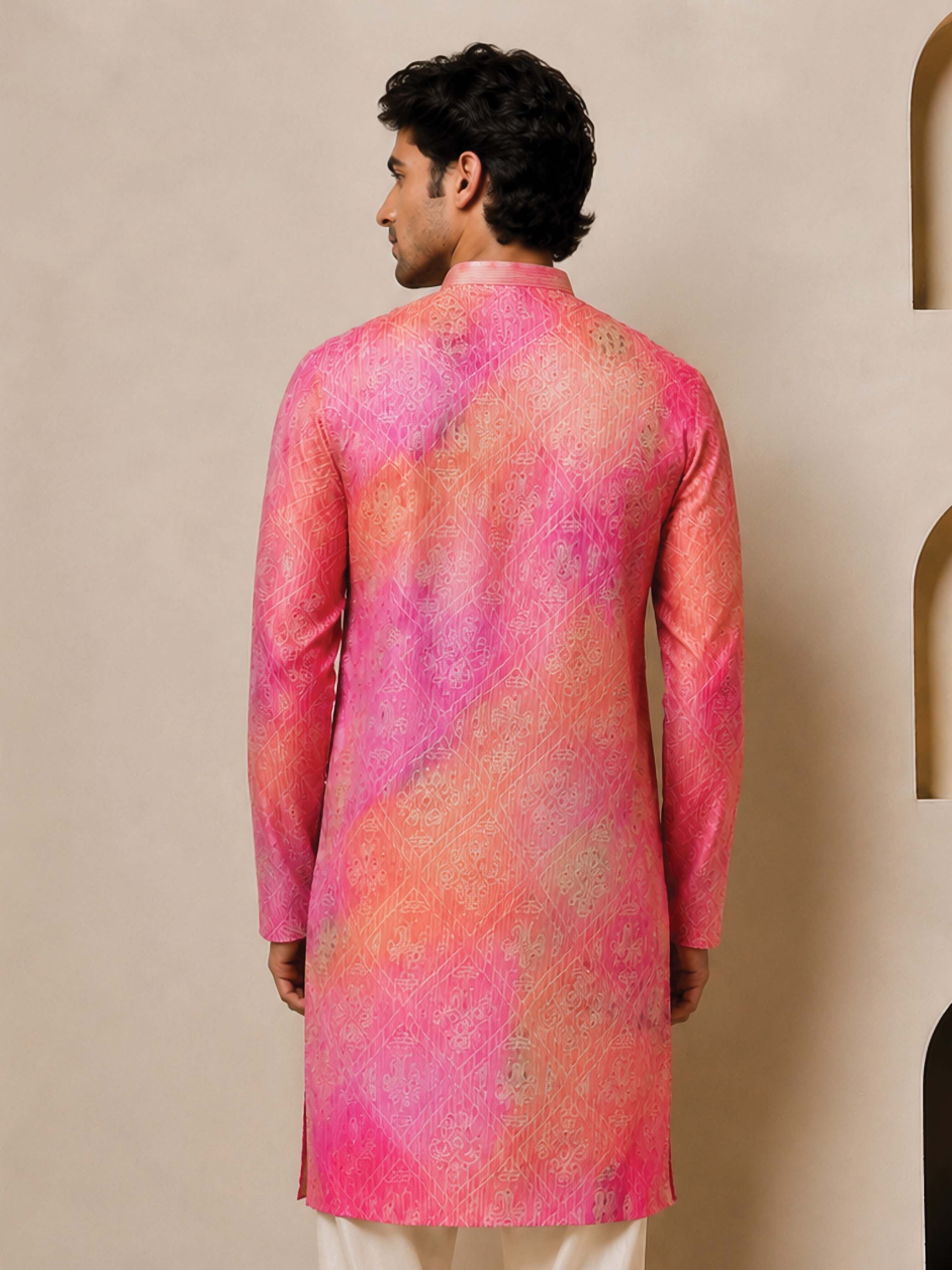 Men's Peach Woven Fabric Bandhni Thigh Length Kurta