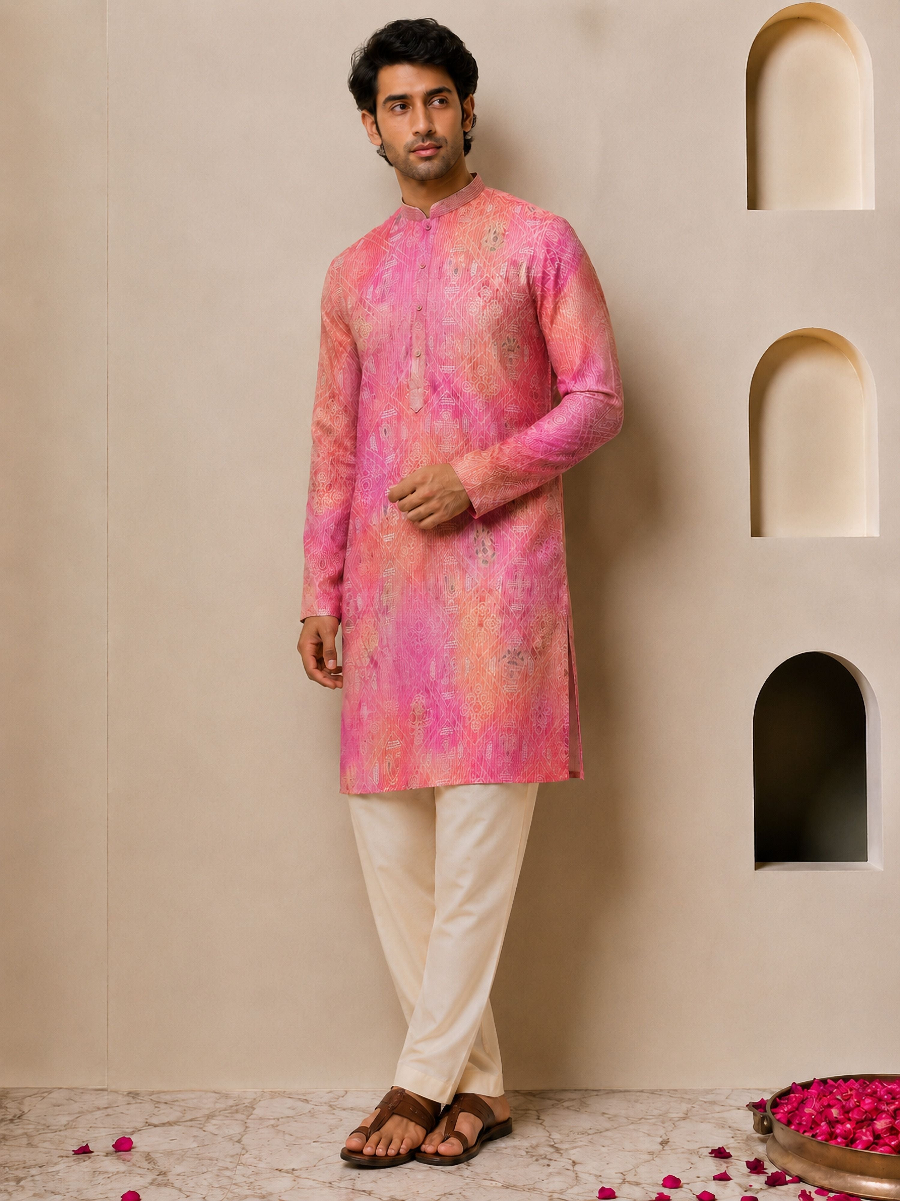 Peach Viscose Bandhani Kurta Pyjama Set - Festive Wear
