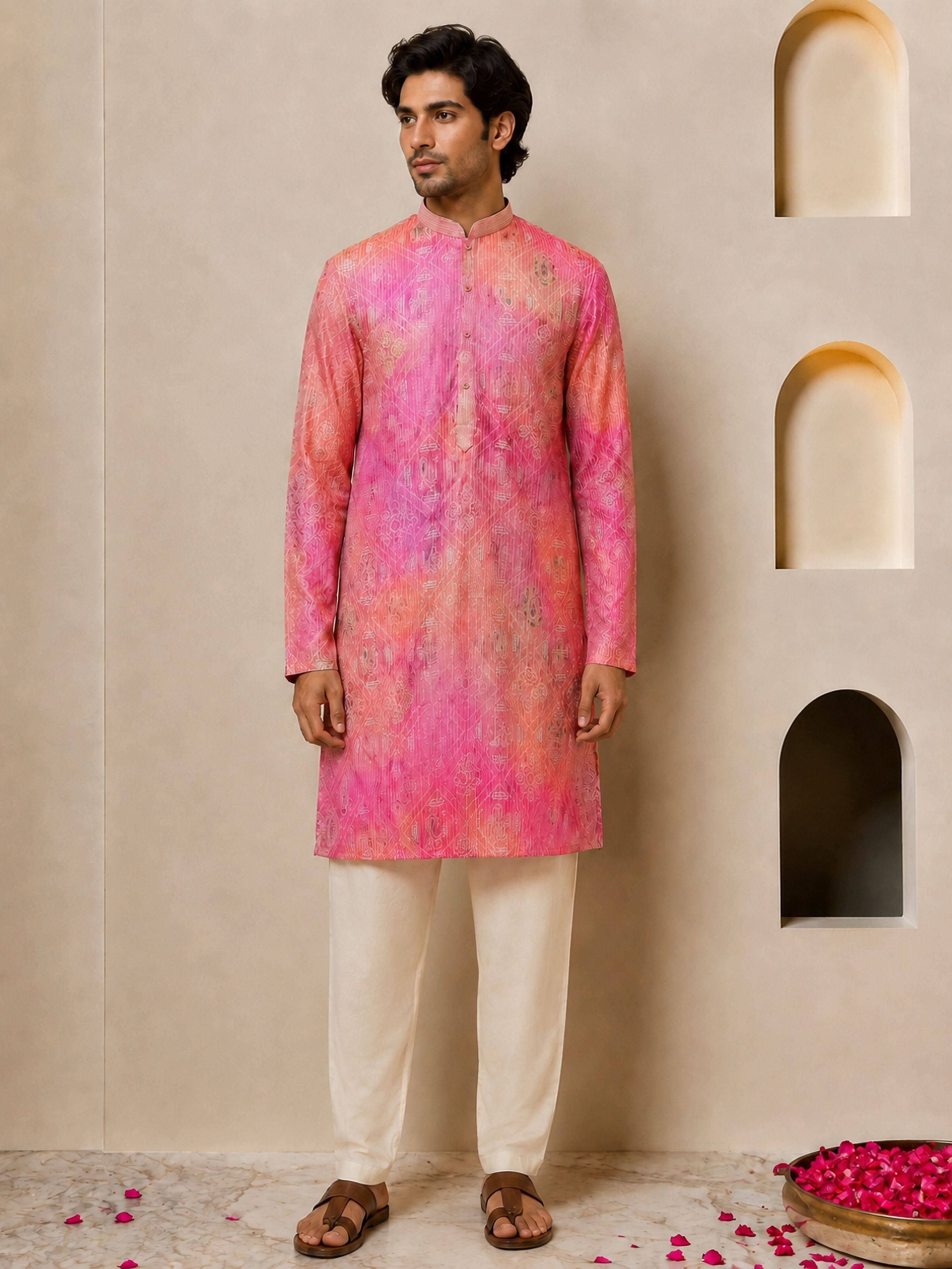 Men's Peach Viscose Bandhni Thigh Length Kurta With Pyjama