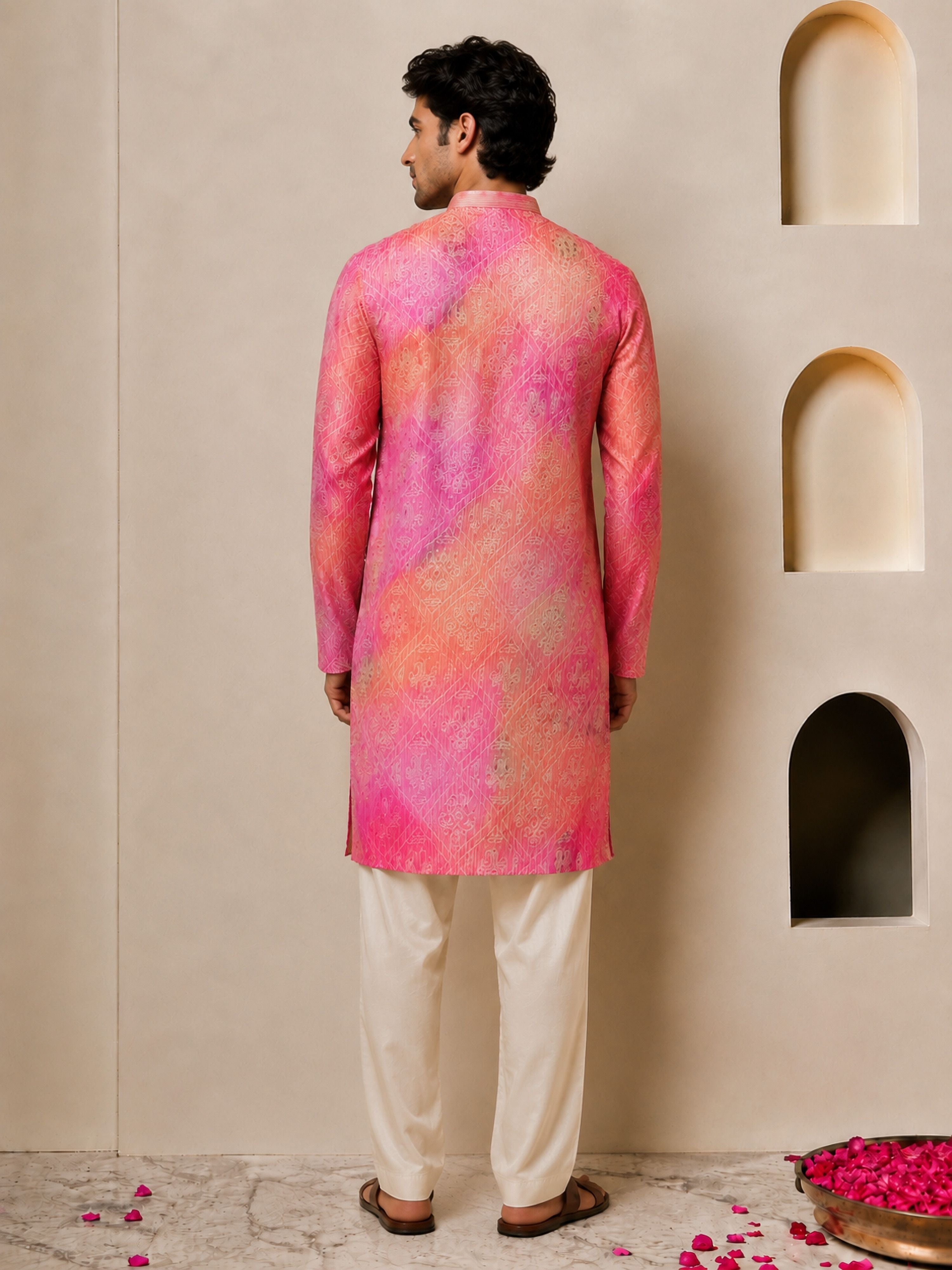 Men's Peach Viscose Bandhni Thigh Length Kurta With Pyjama
