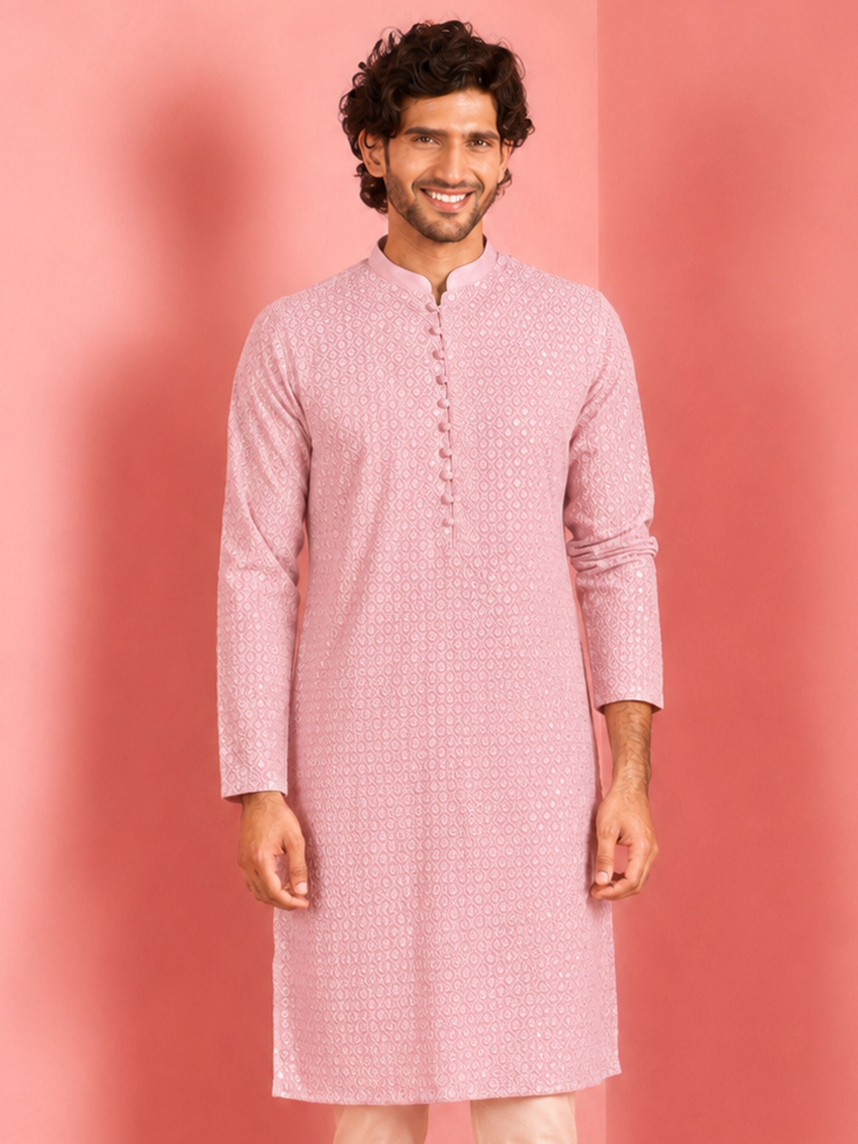 Men Light Pink Jacquard Thread Work Kurta
