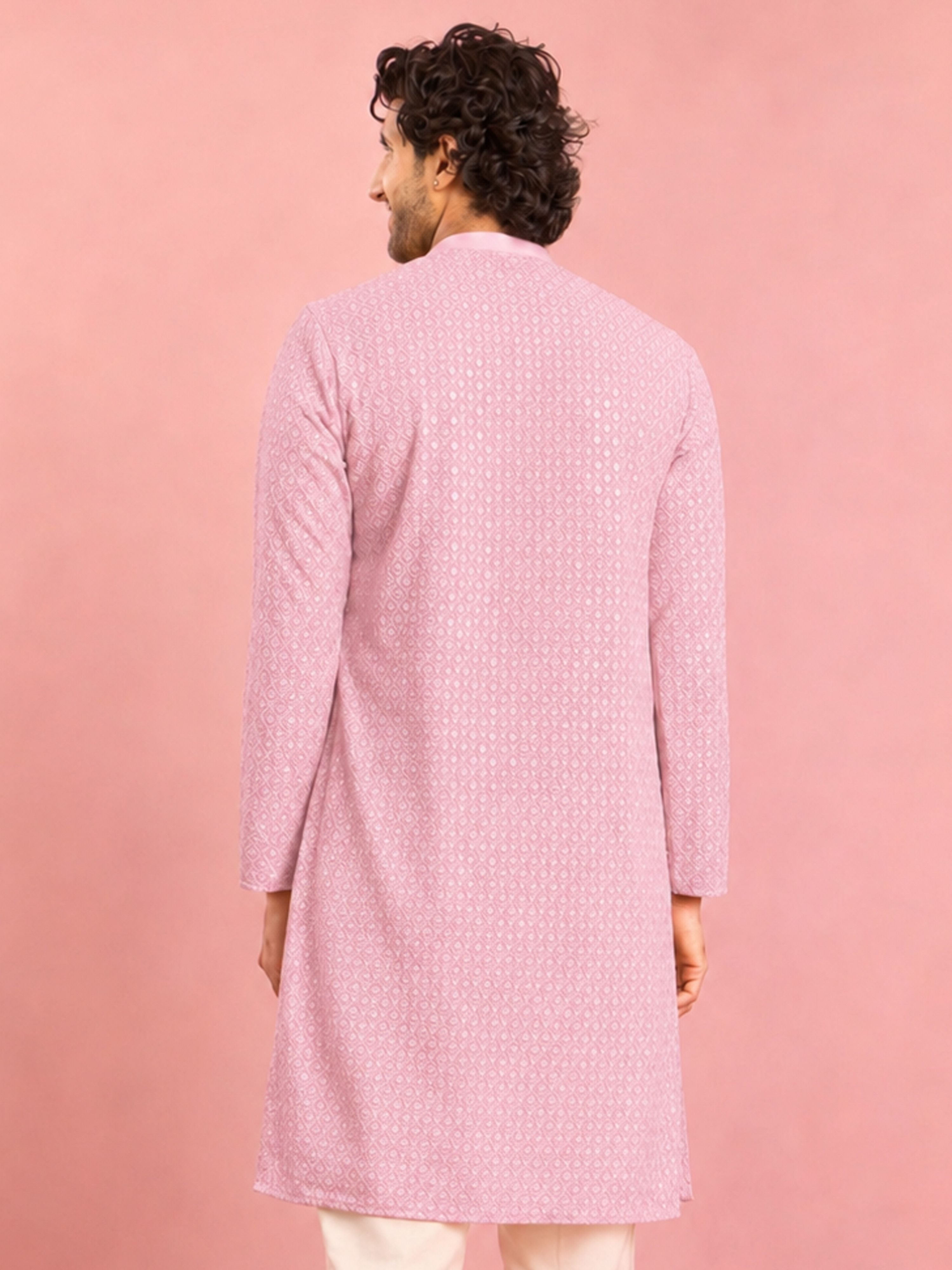 Men's Light Pink Jacquard+ Self Design Thigh Length Kurta