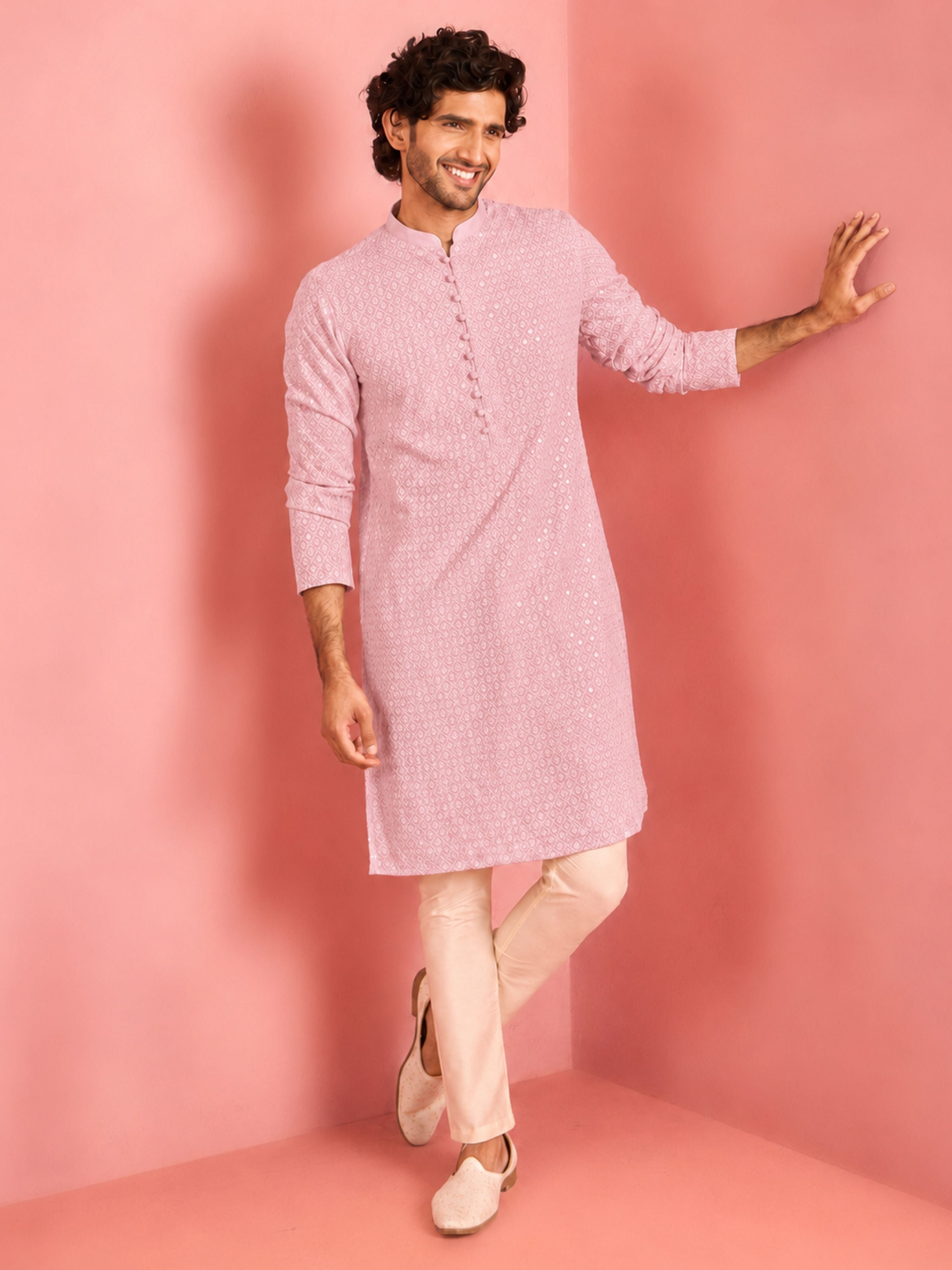 Men Light Pink Viscose Self Design Kurta Pyjama Set